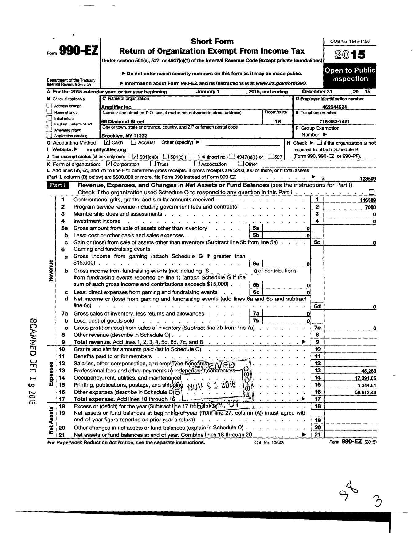 Image of first page of 2015 Form 990EZ for Amplifier