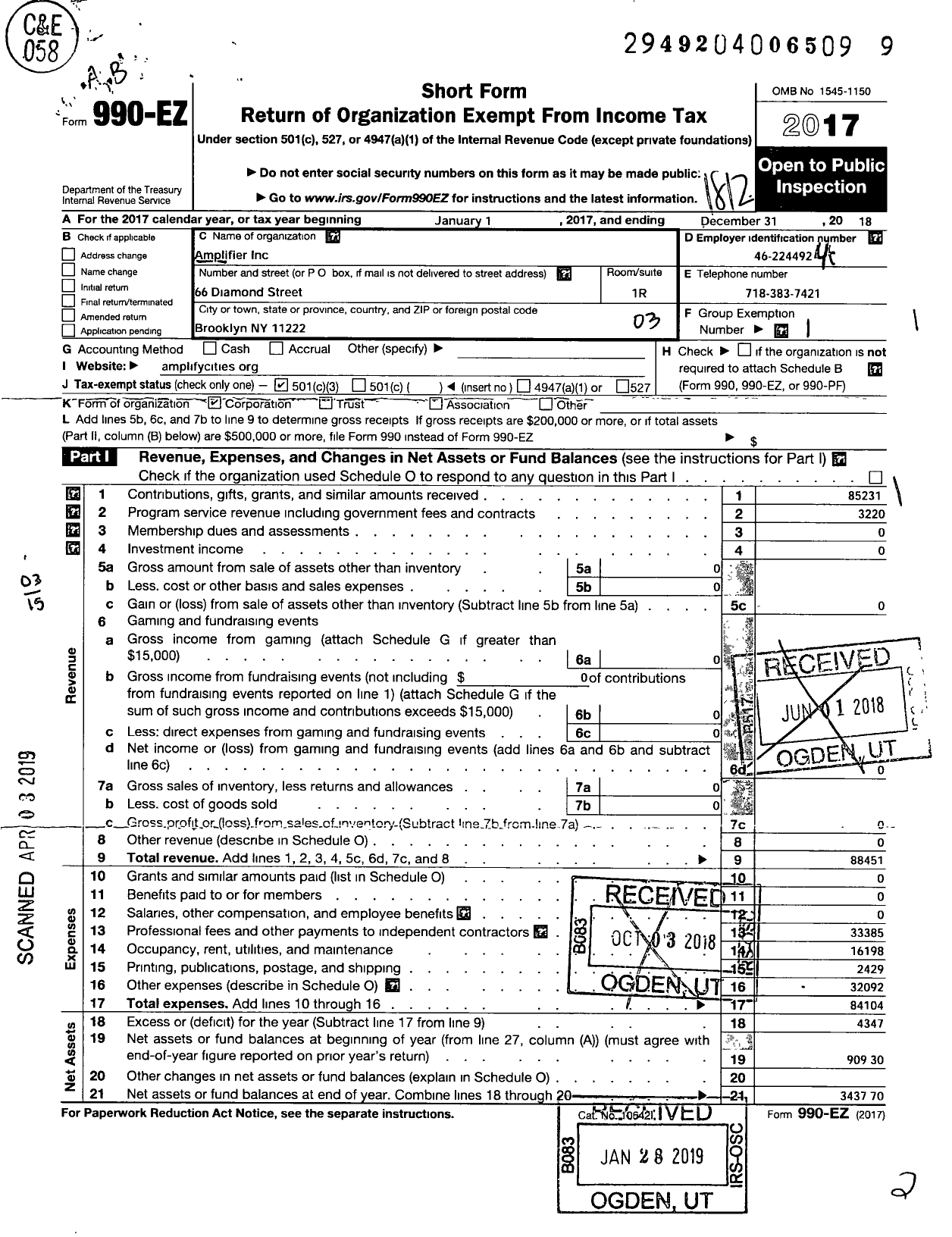 Image of first page of 2018 Form 990EZ for Amplifier