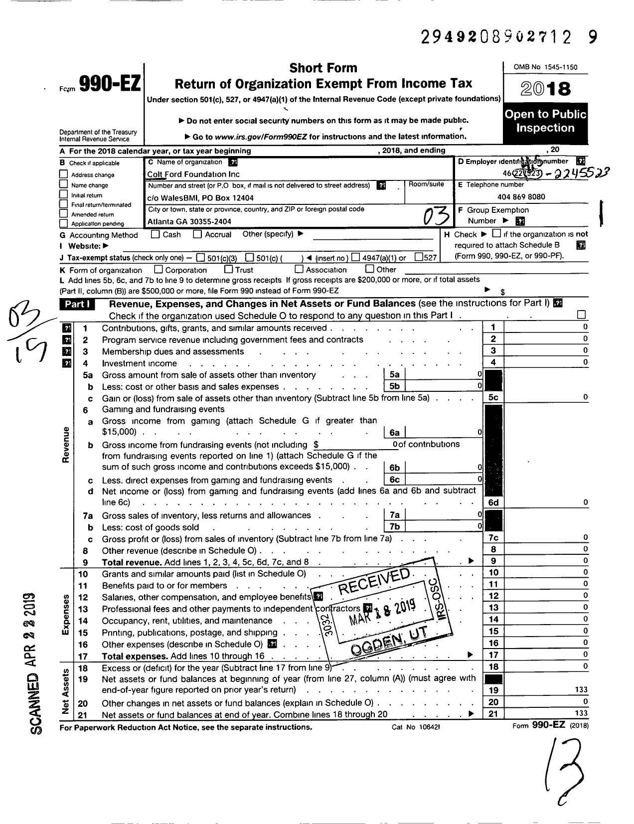 Image of first page of 2018 Form 990EZ for Colt Ford Foundation