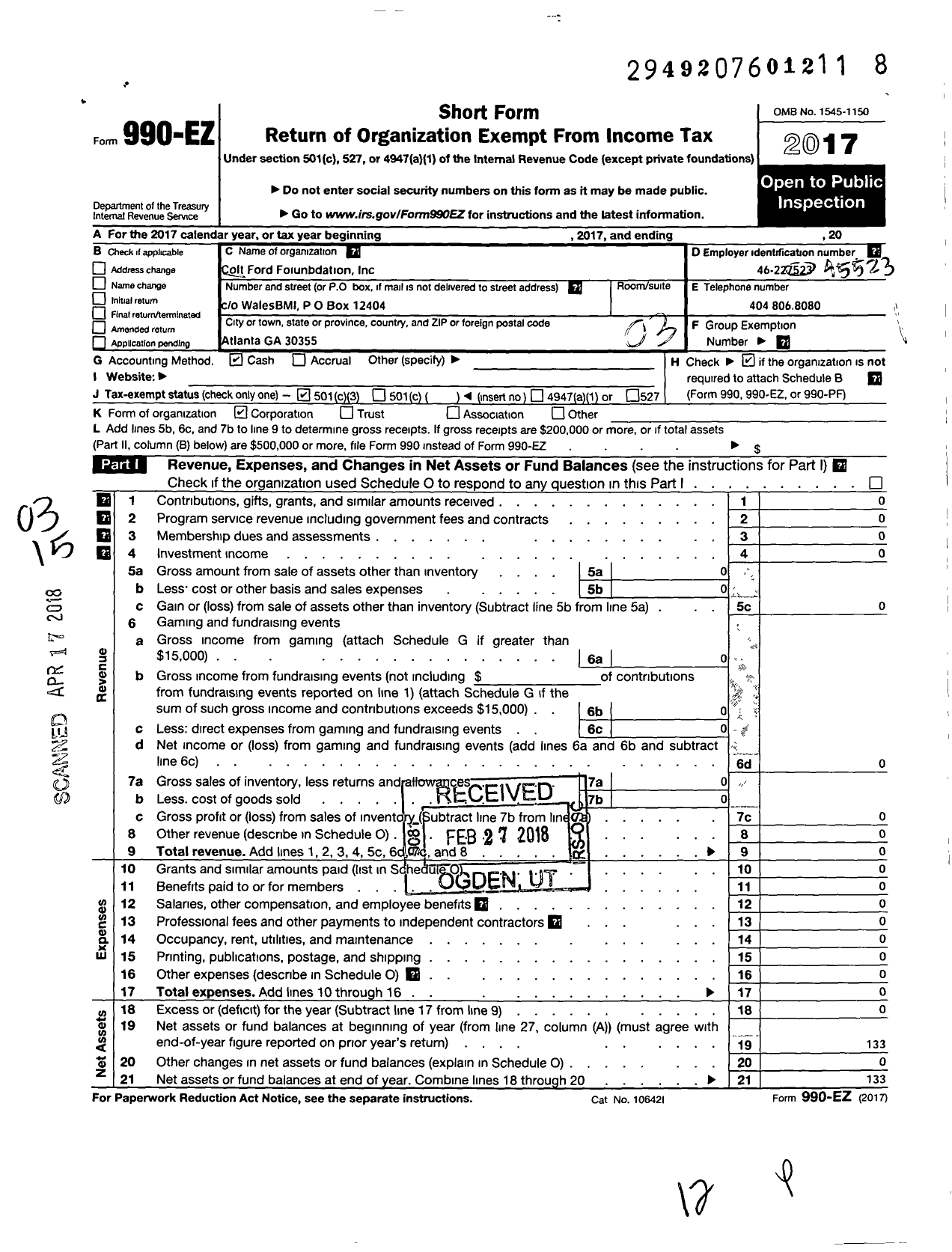 Image of first page of 2017 Form 990EZ for Colt Ford Foundation