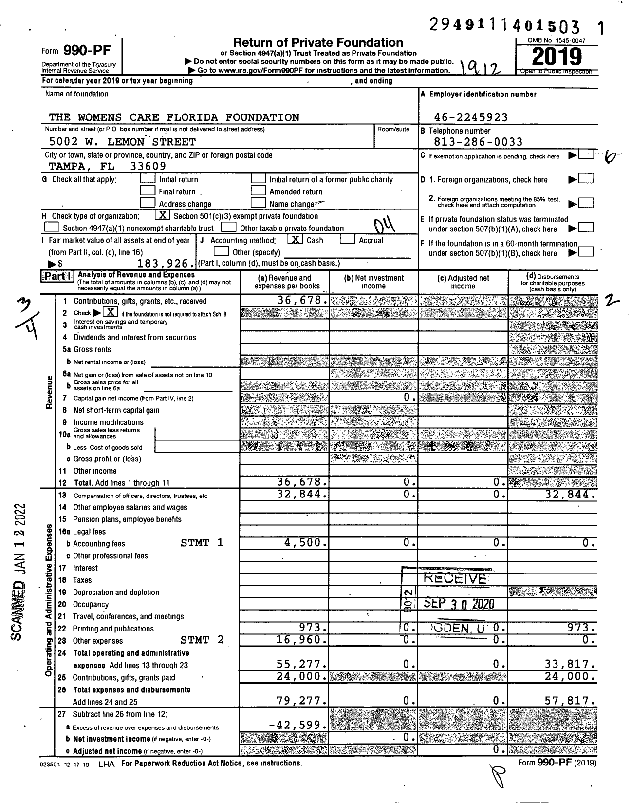 Image of first page of 2019 Form 990PF for The Womens Care Florida Foundation