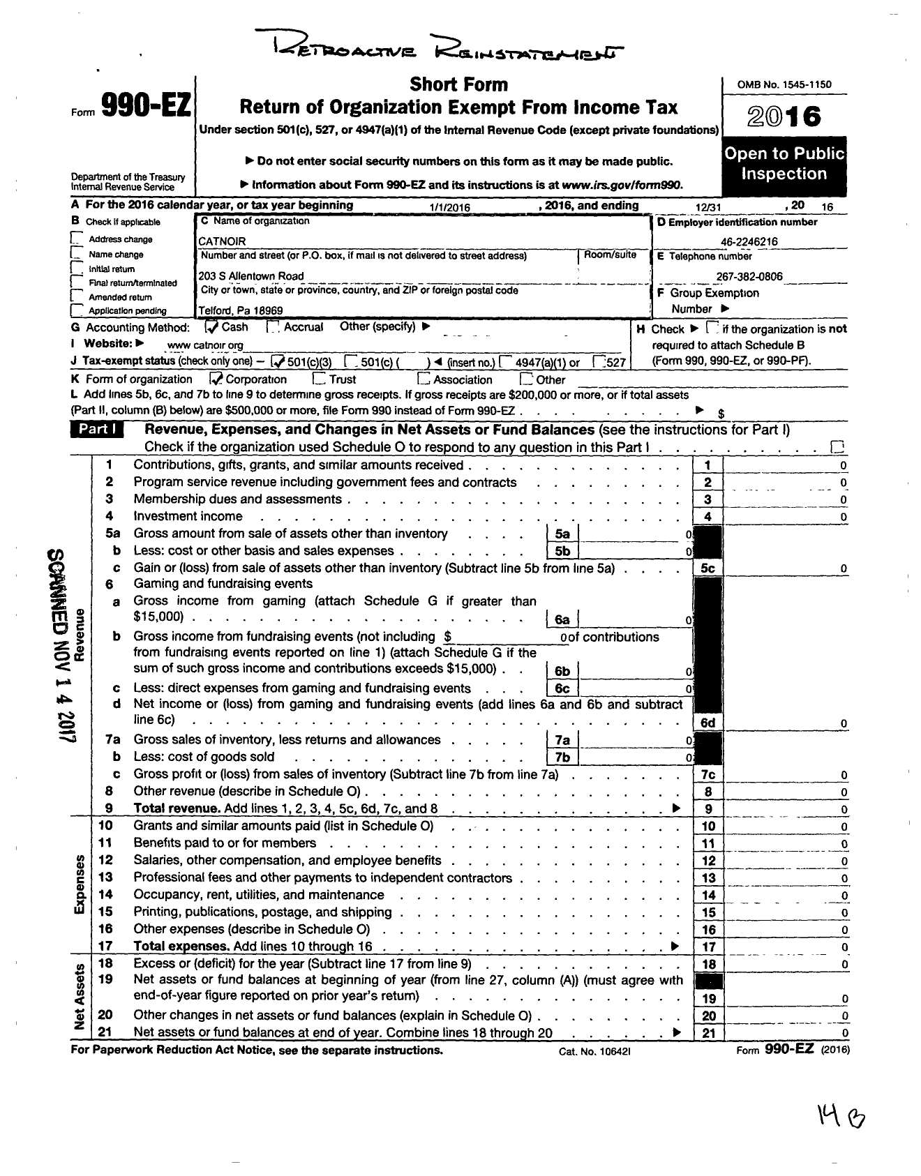 Image of first page of 2016 Form 990EZ for Catnoir