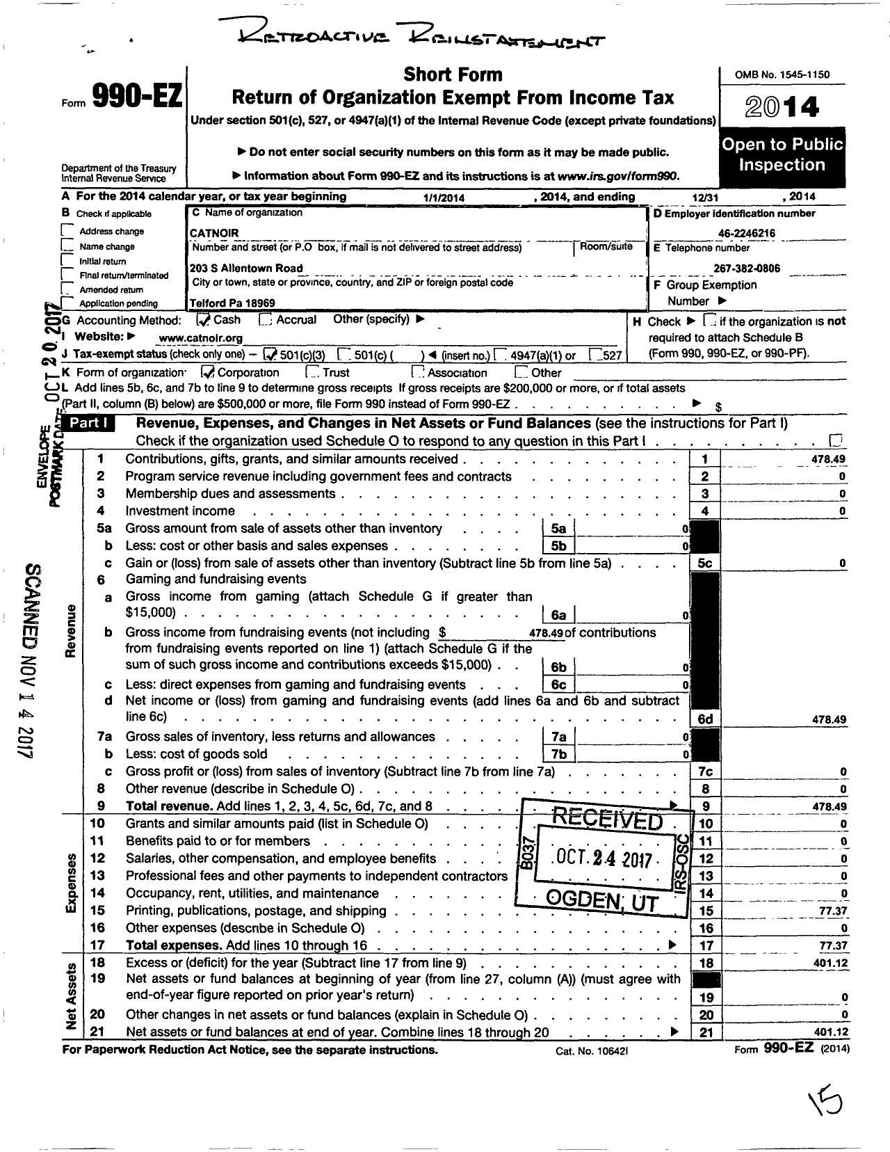 Image of first page of 2014 Form 990EZ for Catnoir