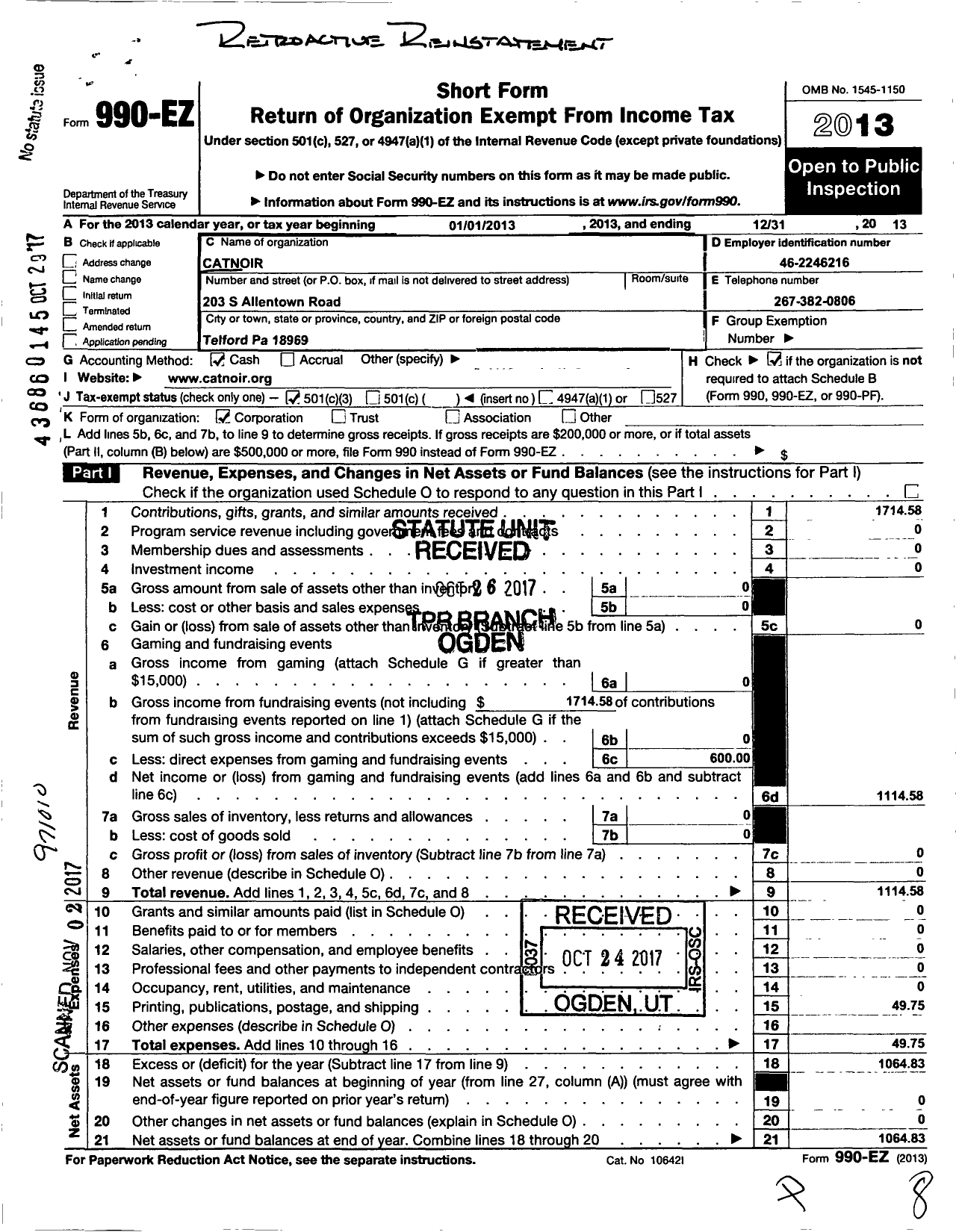 Image of first page of 2013 Form 990EA for Catnoir