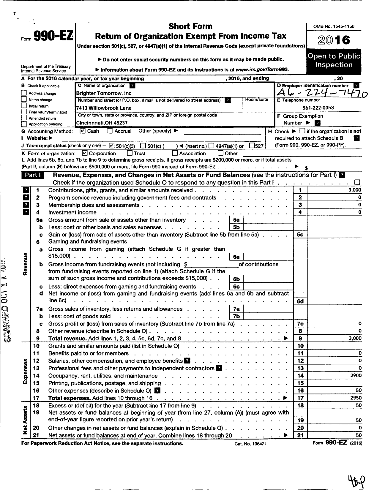 Image of first page of 2016 Form 990EZ for Brighter Tomorrow