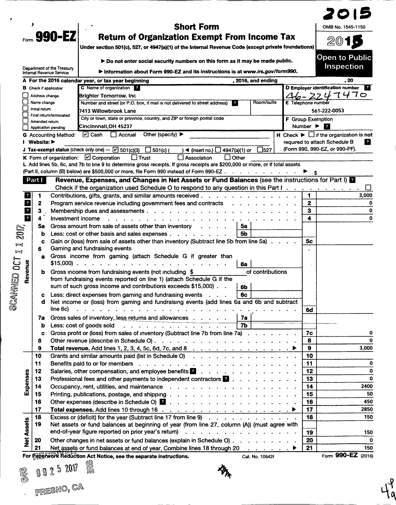 Image of first page of 2015 Form 990EZ for Brighter Tomorrow