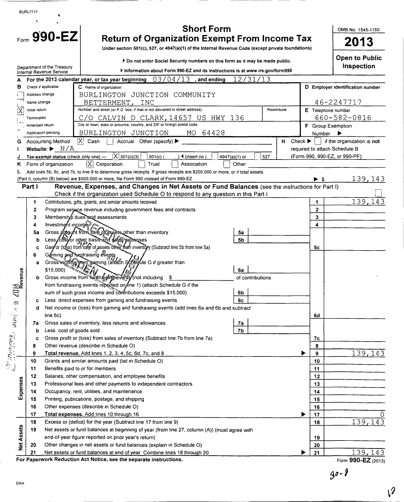 Image of first page of 2013 Form 990EZ for Burlington Junction Community Betterment