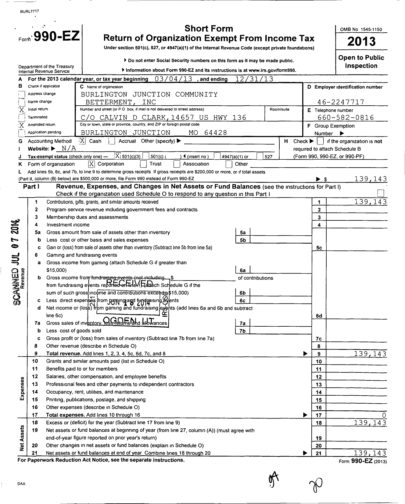 Image of first page of 2013 Form 990EZ for Burlington Junction Community Betterment