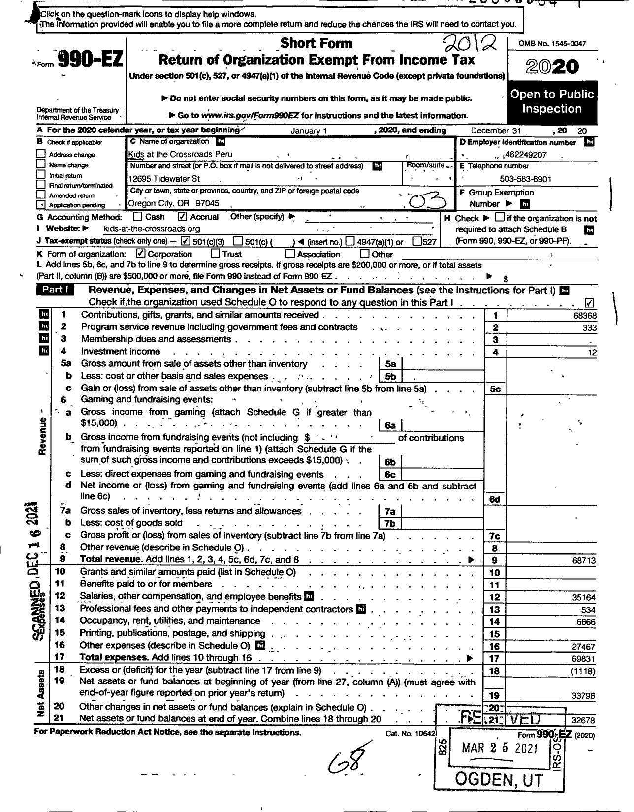 Image of first page of 2020 Form 990EZ for Kids at the Crossroads Peru