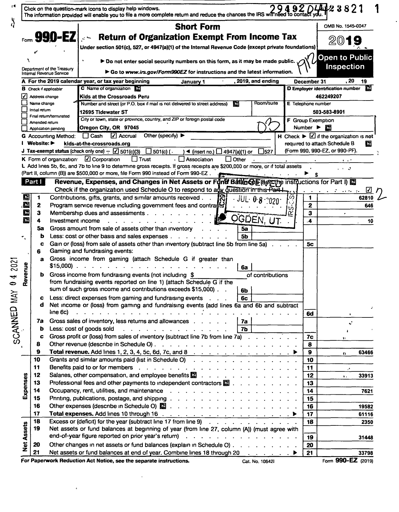 Image of first page of 2019 Form 990EZ for Kids at the Crossroads Peru