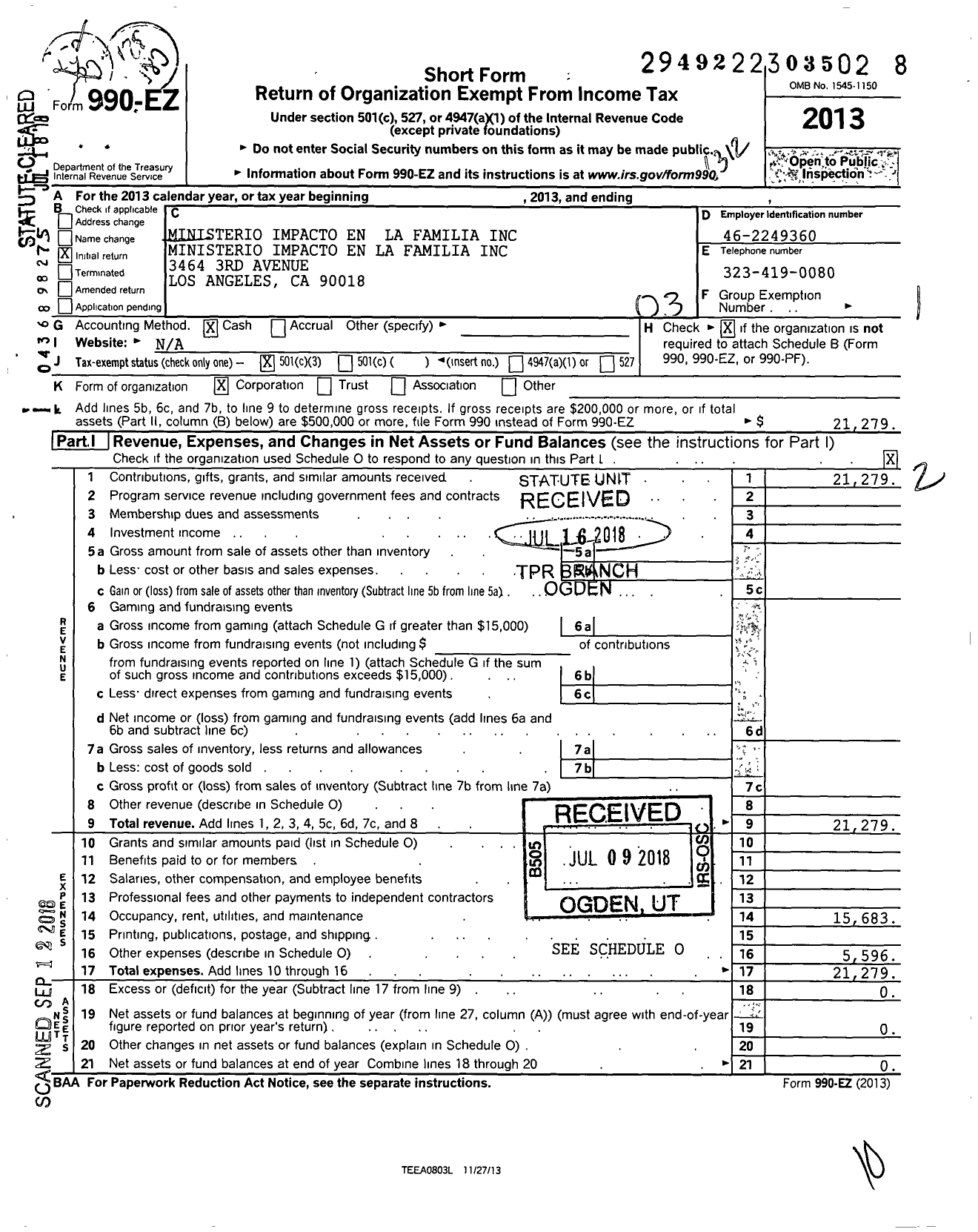 Image of first page of 2013 Form 990EZ for Ministerio Impacto En La Familia