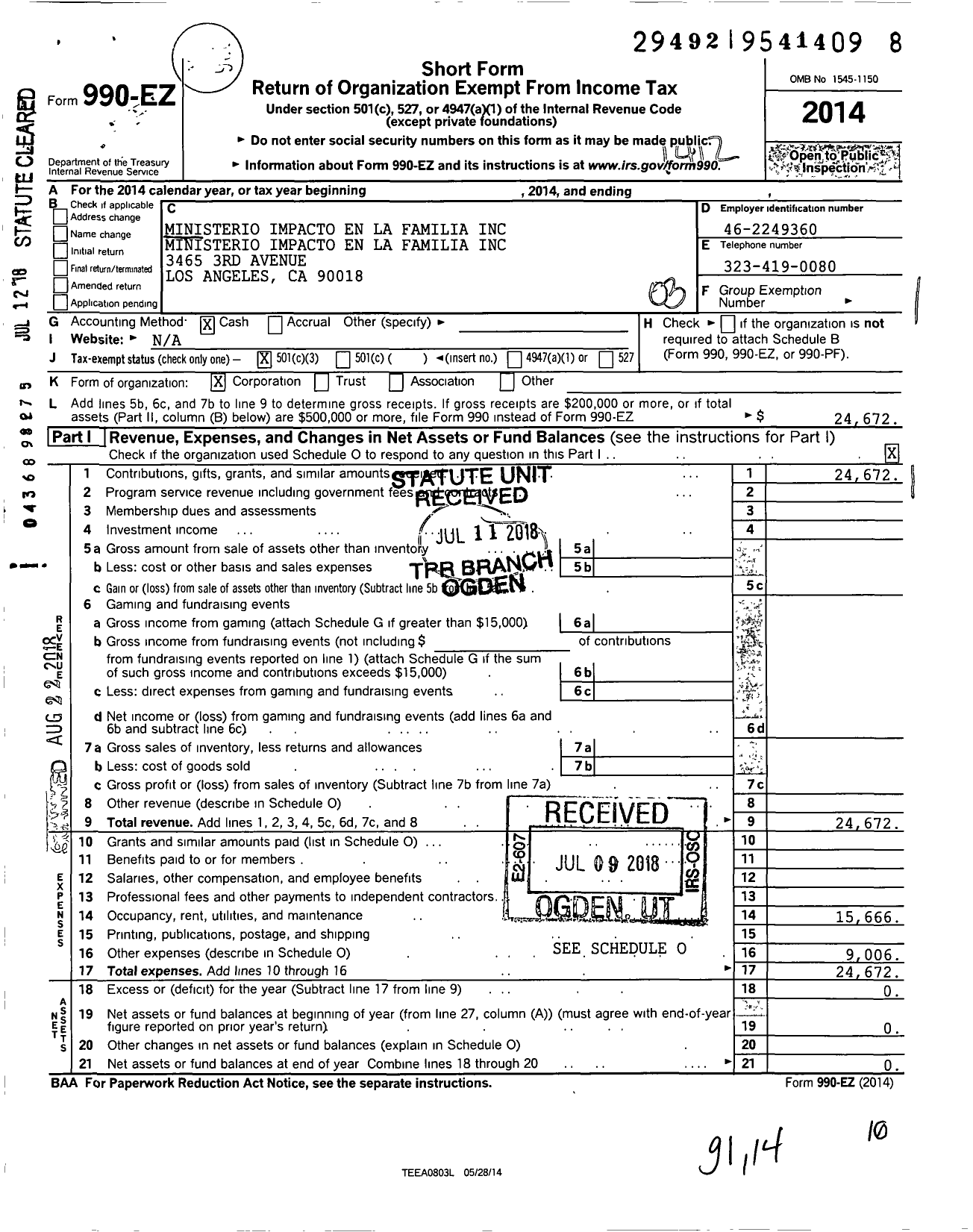 Image of first page of 2014 Form 990EZ for Ministerio Impacto En La Familia