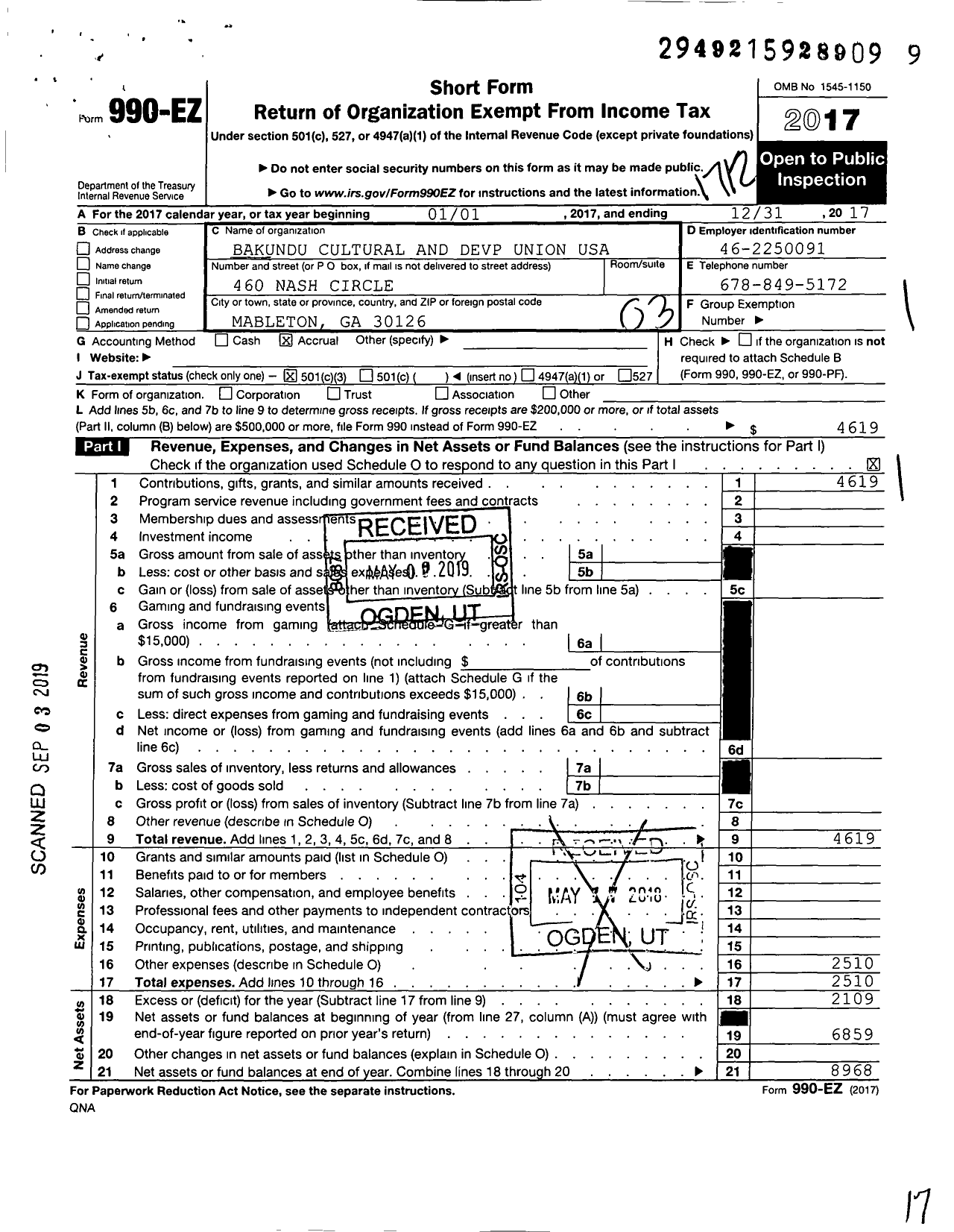 Image of first page of 2017 Form 990EZ for Bakundu Cultural and Devp Union USA