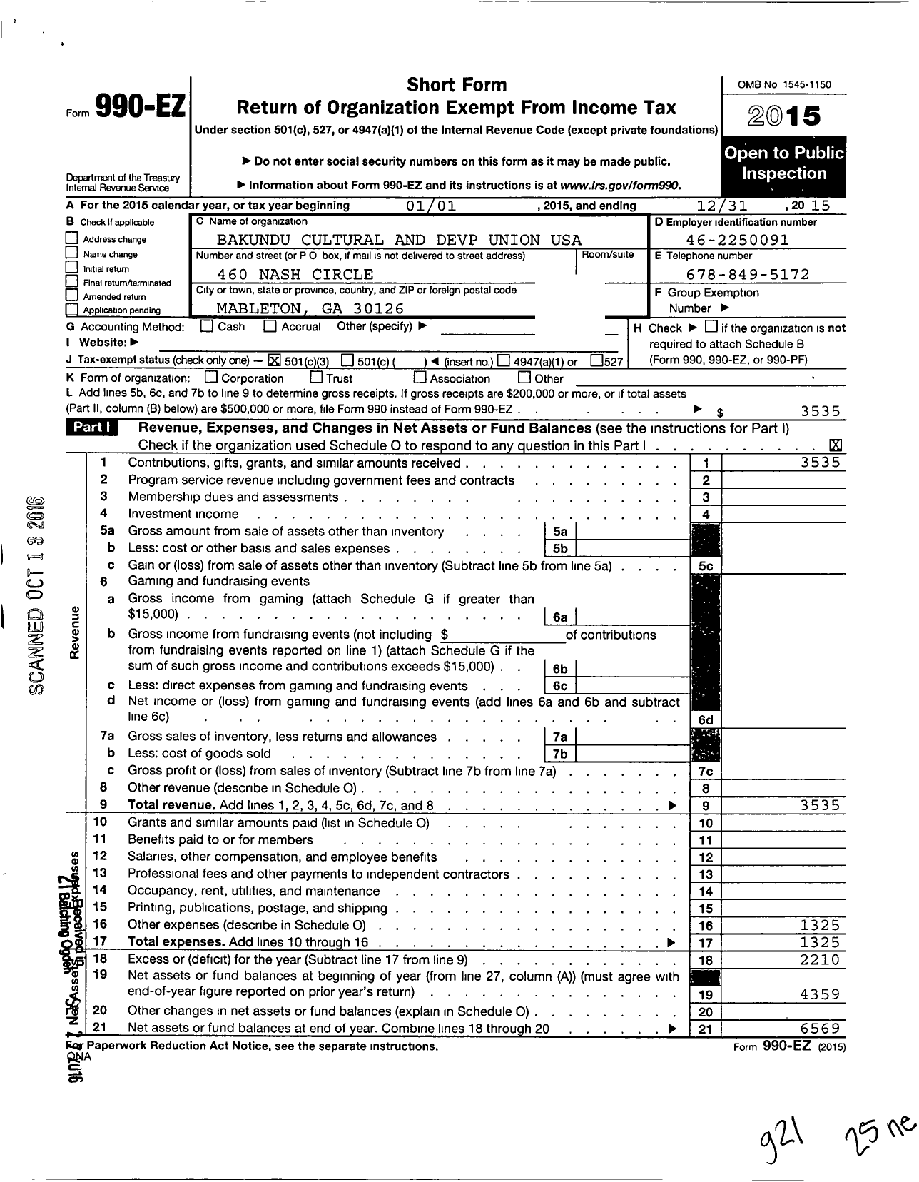 Image of first page of 2015 Form 990EZ for Bakundu Cultural and Devp Union USA