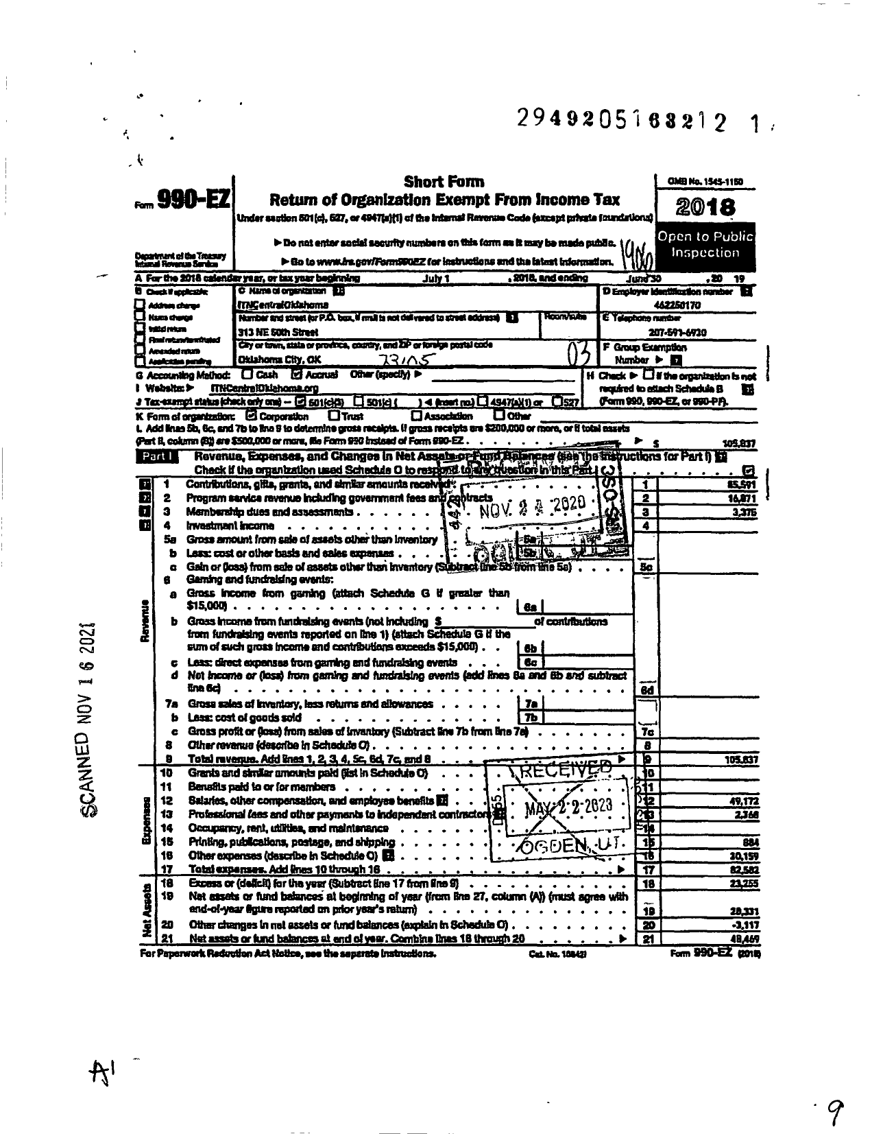 Image of first page of 2018 Form 990EZ for Itncentral Oklahoma