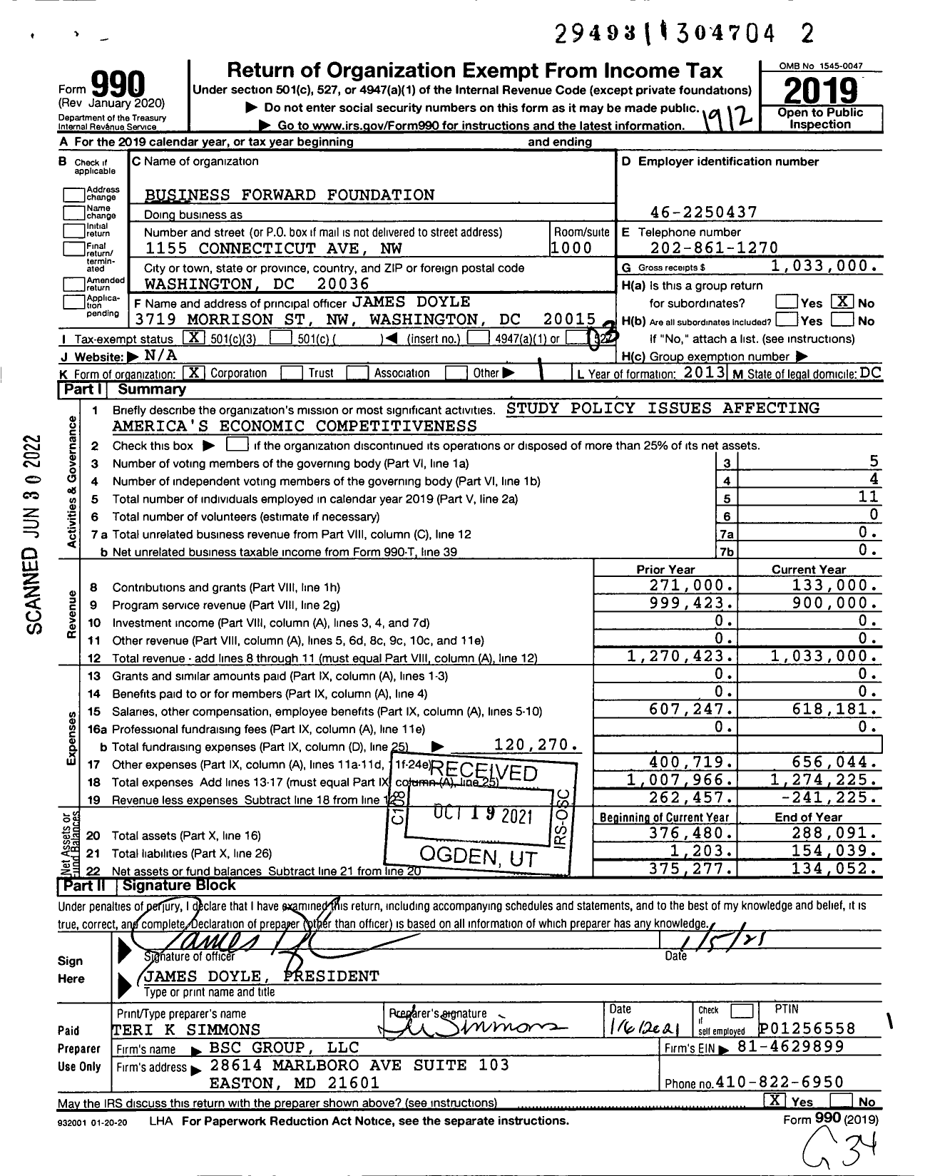 Image of first page of 2019 Form 990 for Business Forward Foundation