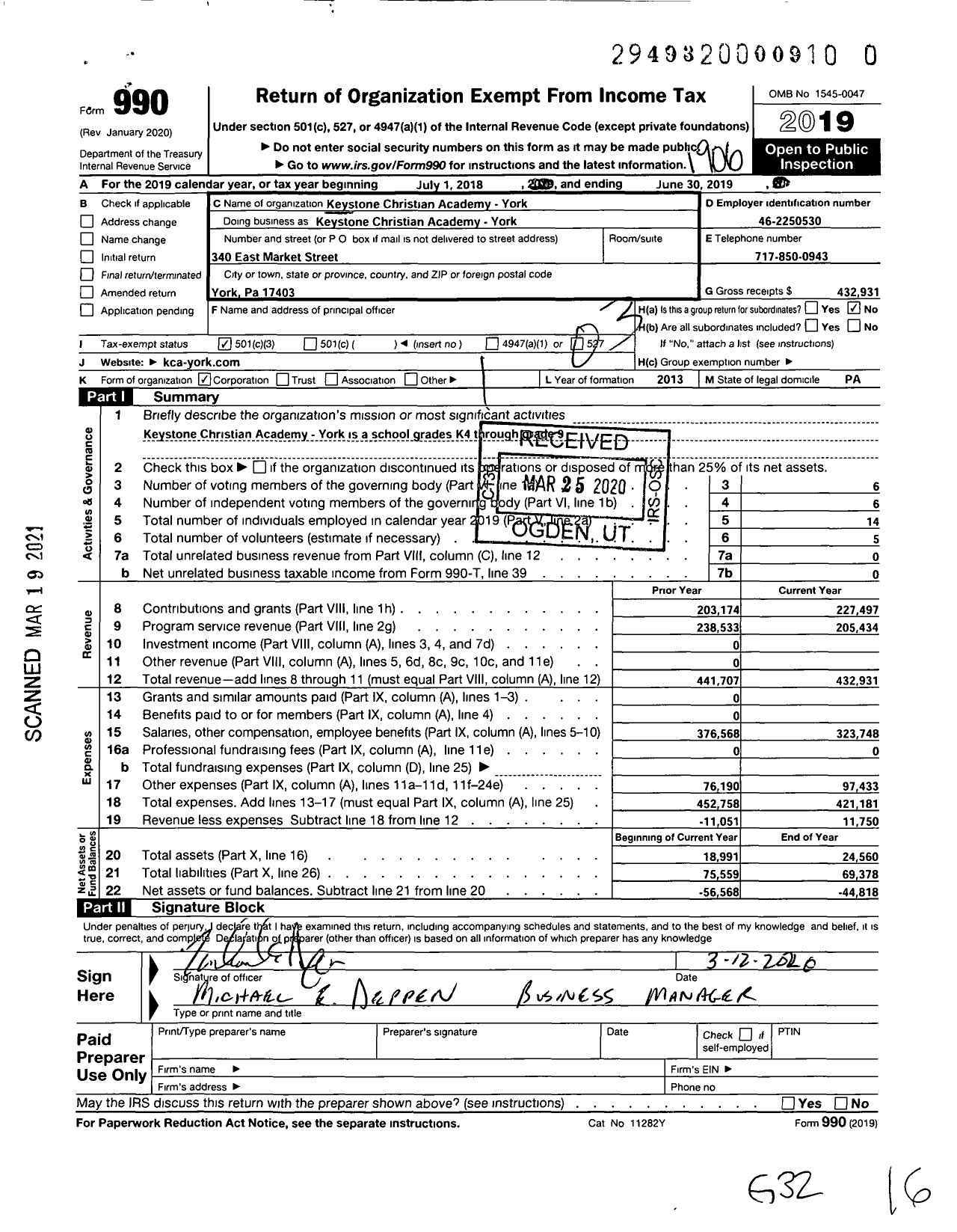 Image of first page of 2018 Form 990 for Keystone Christian Academy