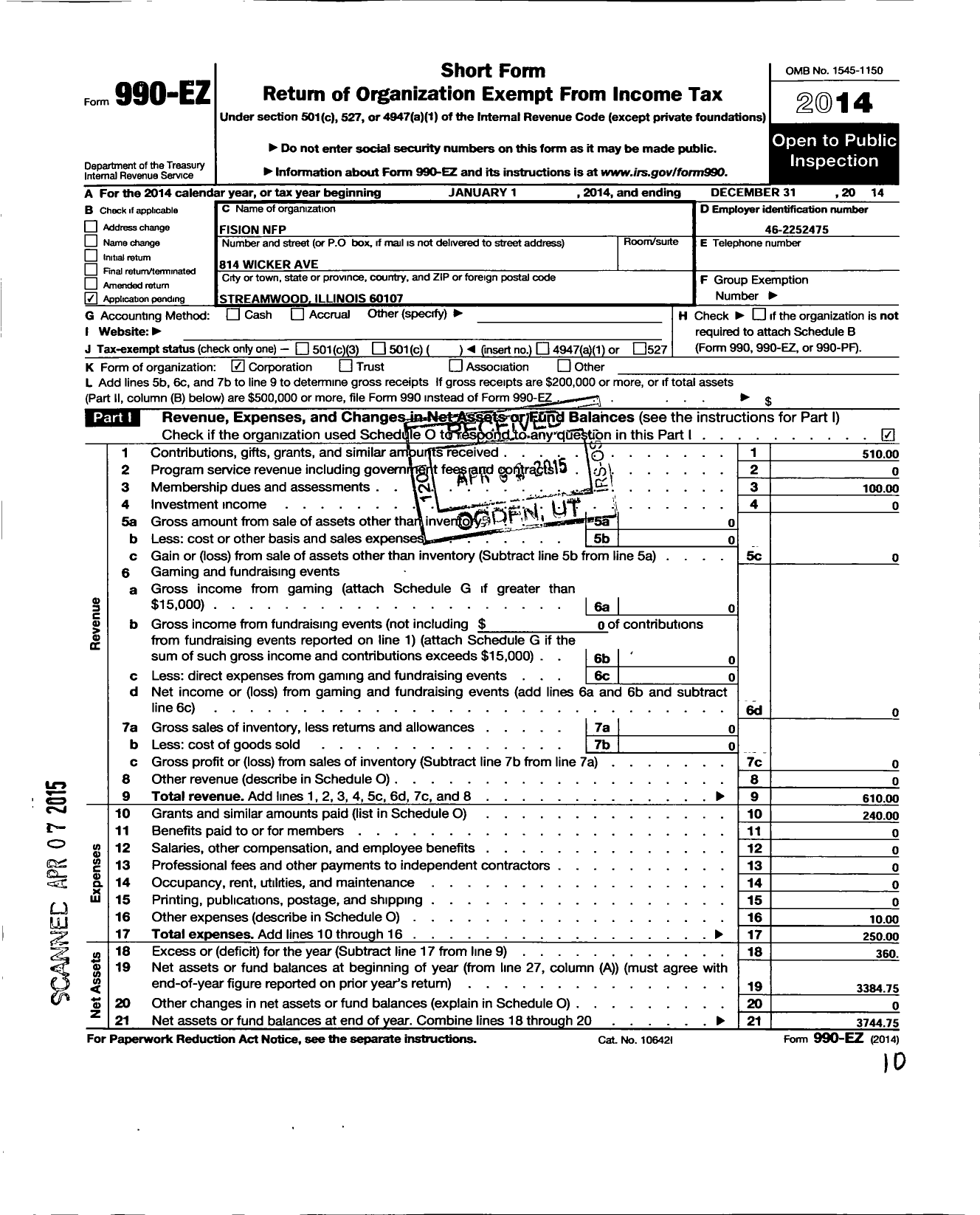 Image of first page of 2014 Form 990EO for Fision NFP