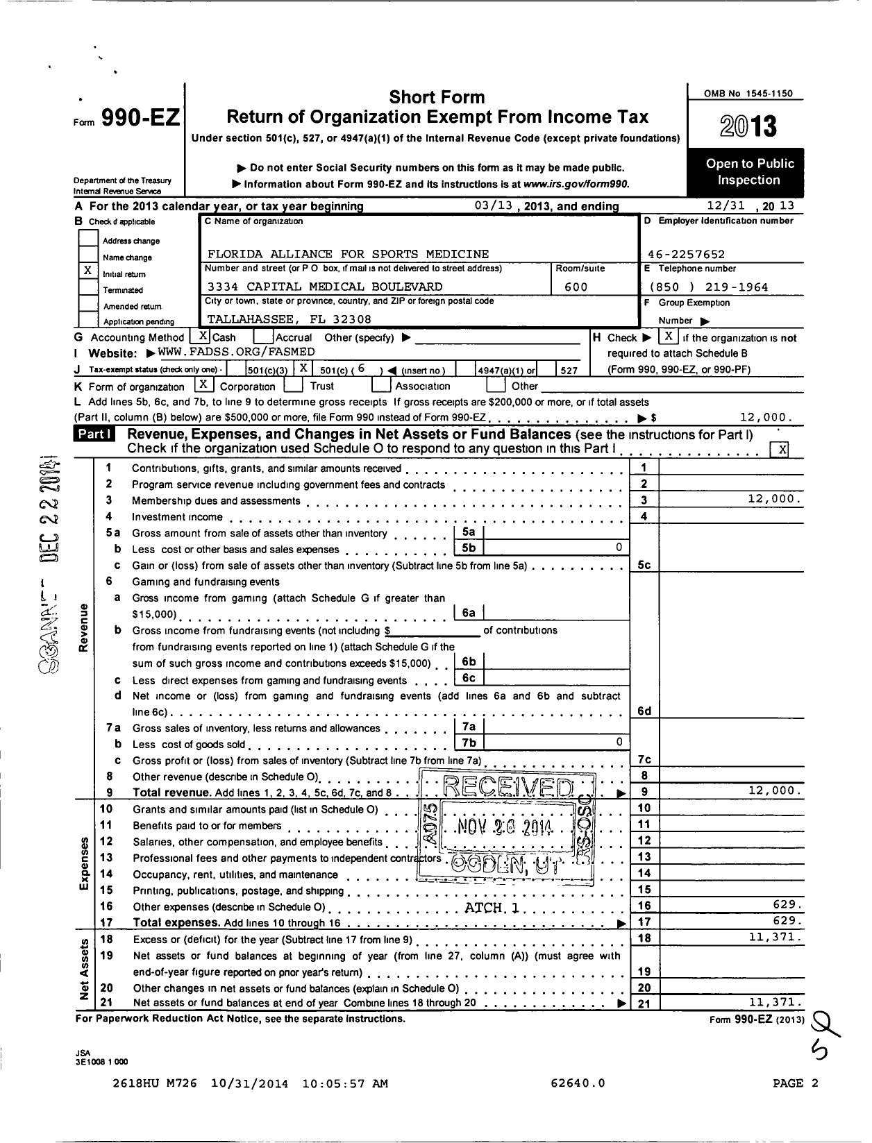 Image of first page of 2013 Form 990EO for Florida Alliance for Sports Medicine