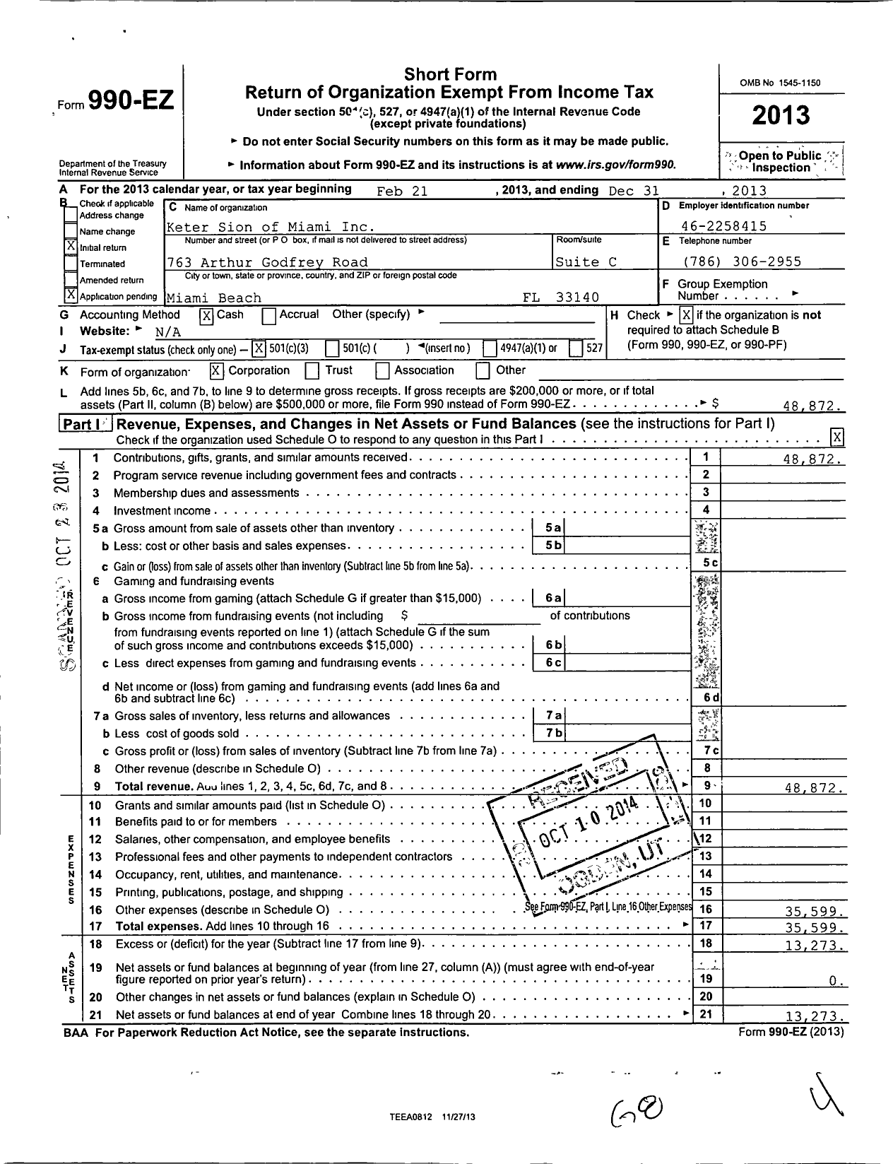 Image of first page of 2013 Form 990EZ for Keter Sion of Miami