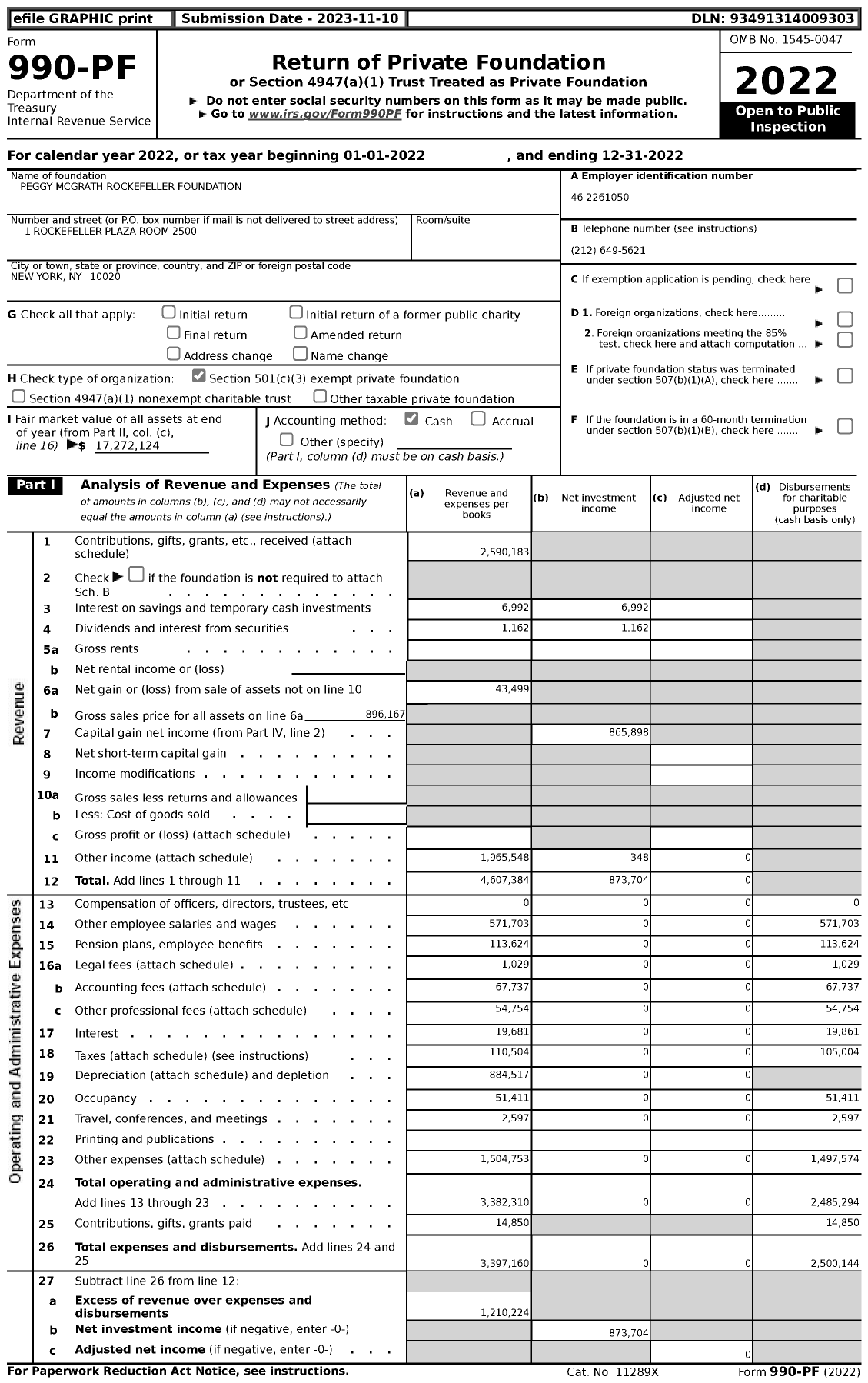 Image of first page of 2022 Form 990PF for Peggy McGrath Rockefeller Foundation