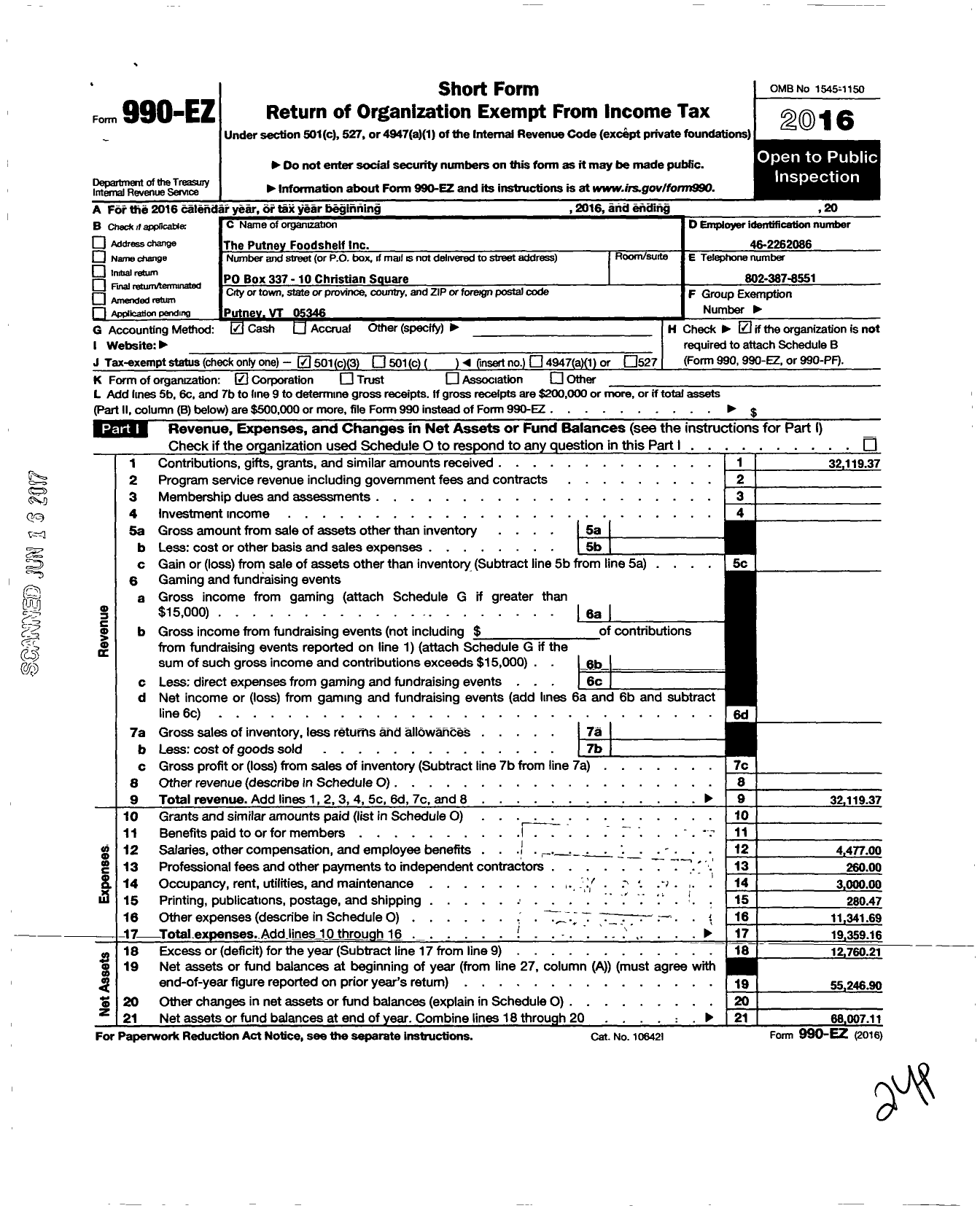 Image of first page of 2016 Form 990EZ for Putney Foodshelf