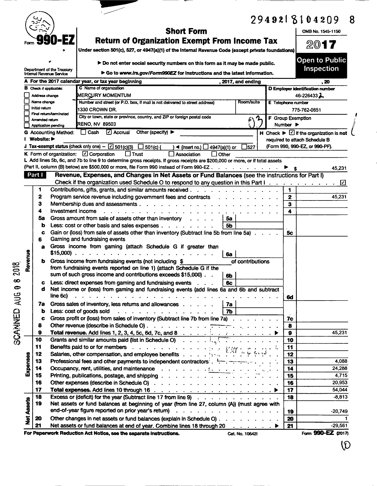 Image of first page of 2017 Form 990EZ for Mercury Momentum