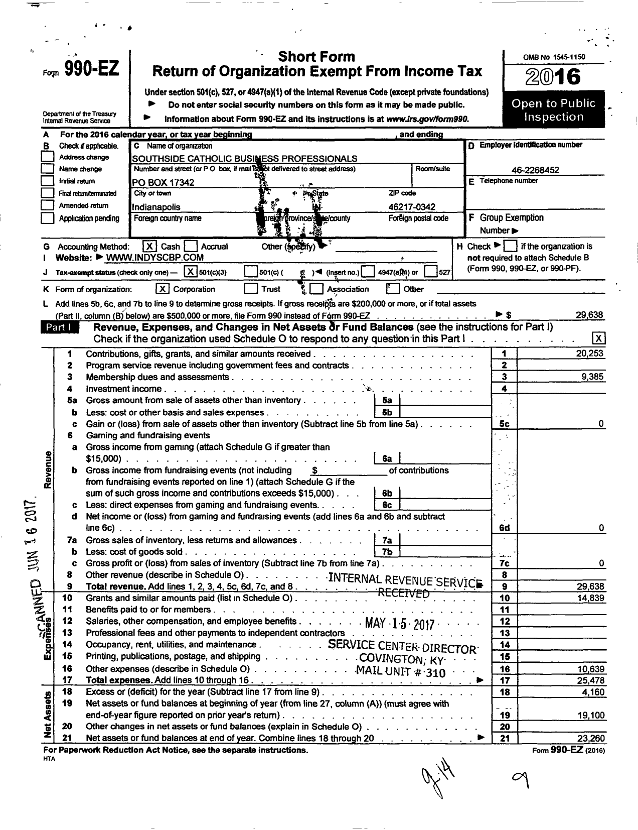 Image of first page of 2016 Form 990EZ for Southside Catholic Business Professionals