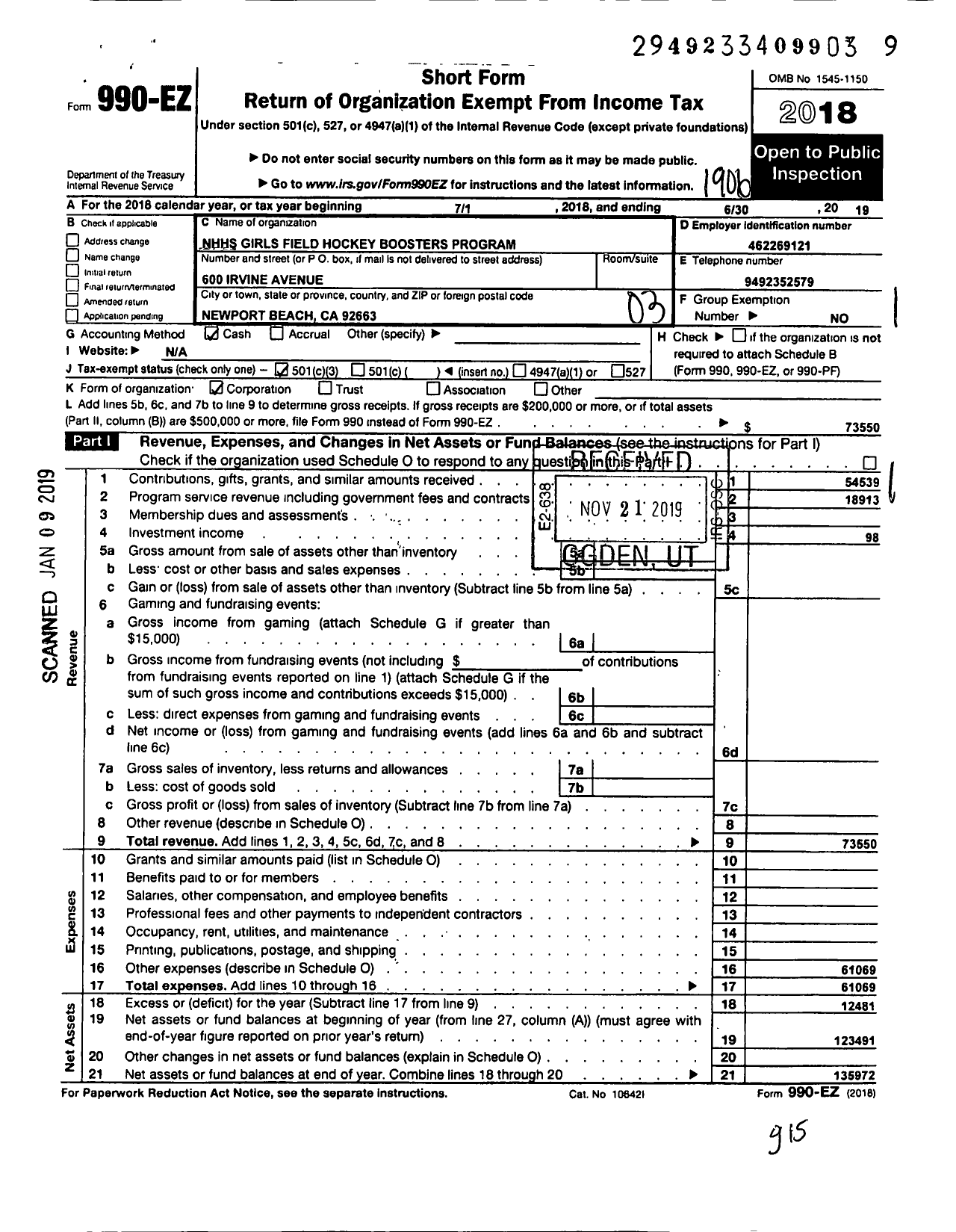 Image of first page of 2018 Form 990EZ for NHHS Girls Field Hockey Boosters Program