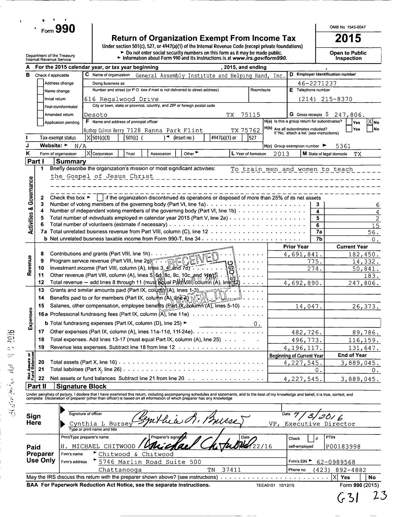 Image of first page of 2015 Form 990 for General Assembly Institute and Helping Hand