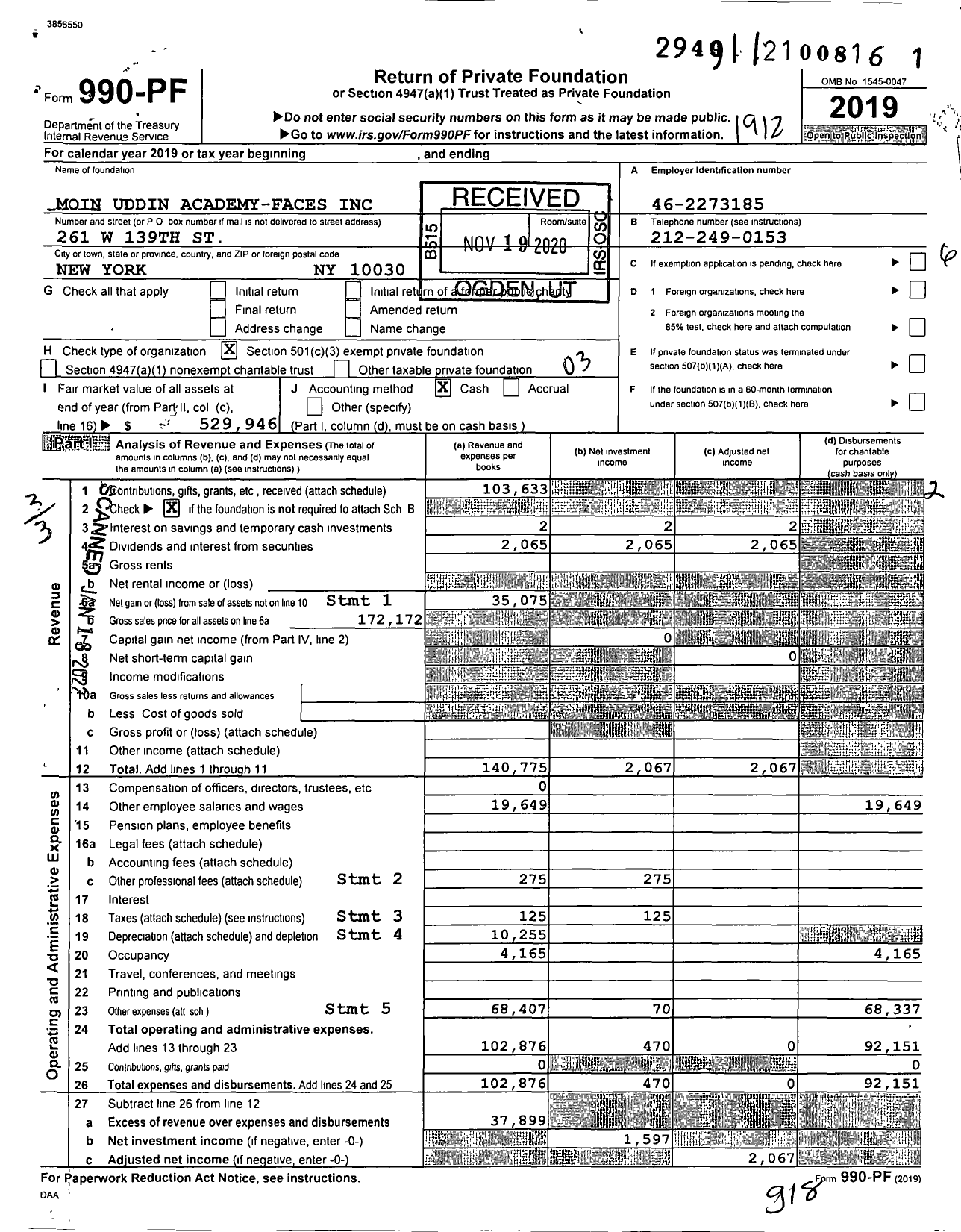 Image of first page of 2019 Form 990PF for Moin Uddin Academy-Faces