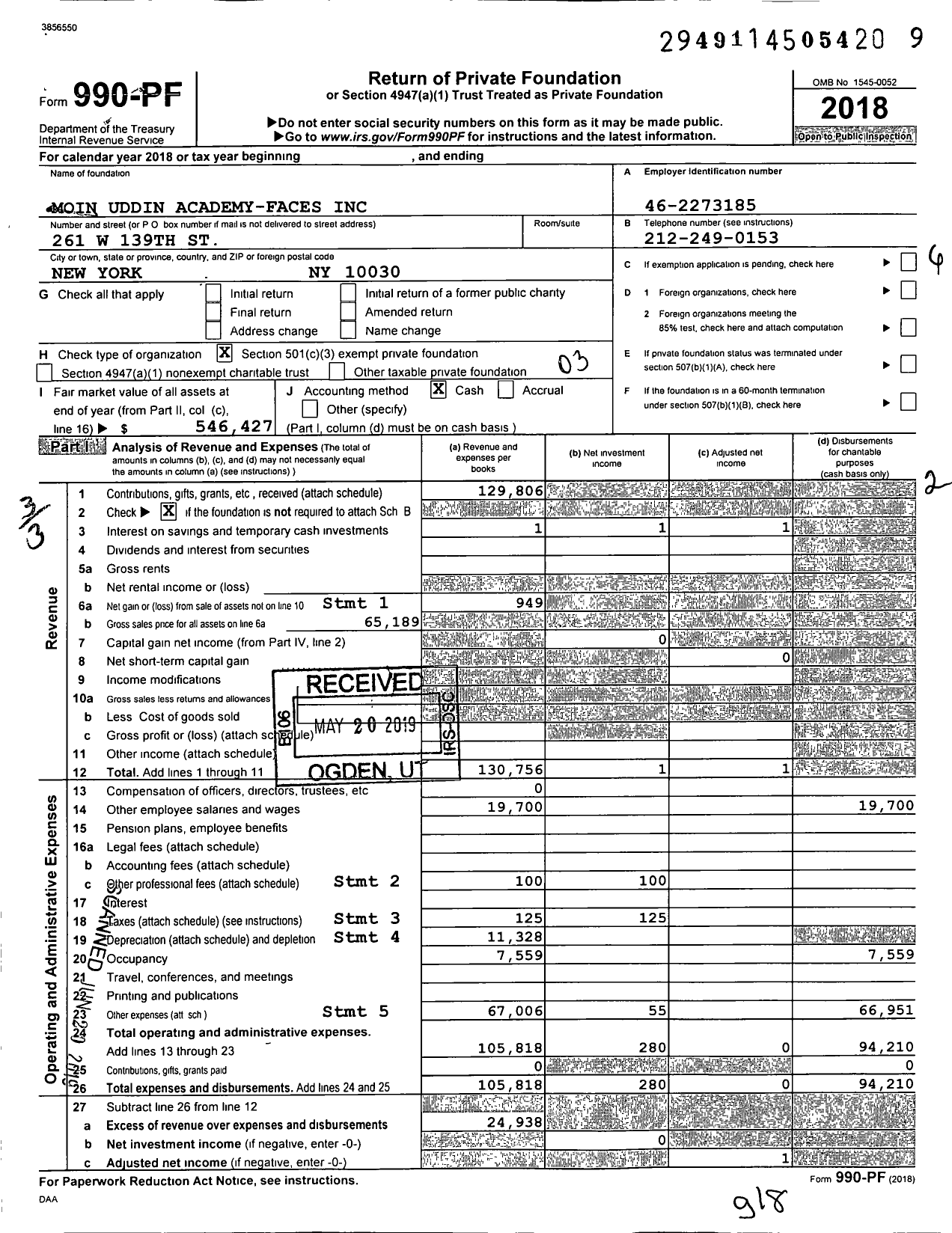 Image of first page of 2018 Form 990PF for Moin Uddin Academy-Faces