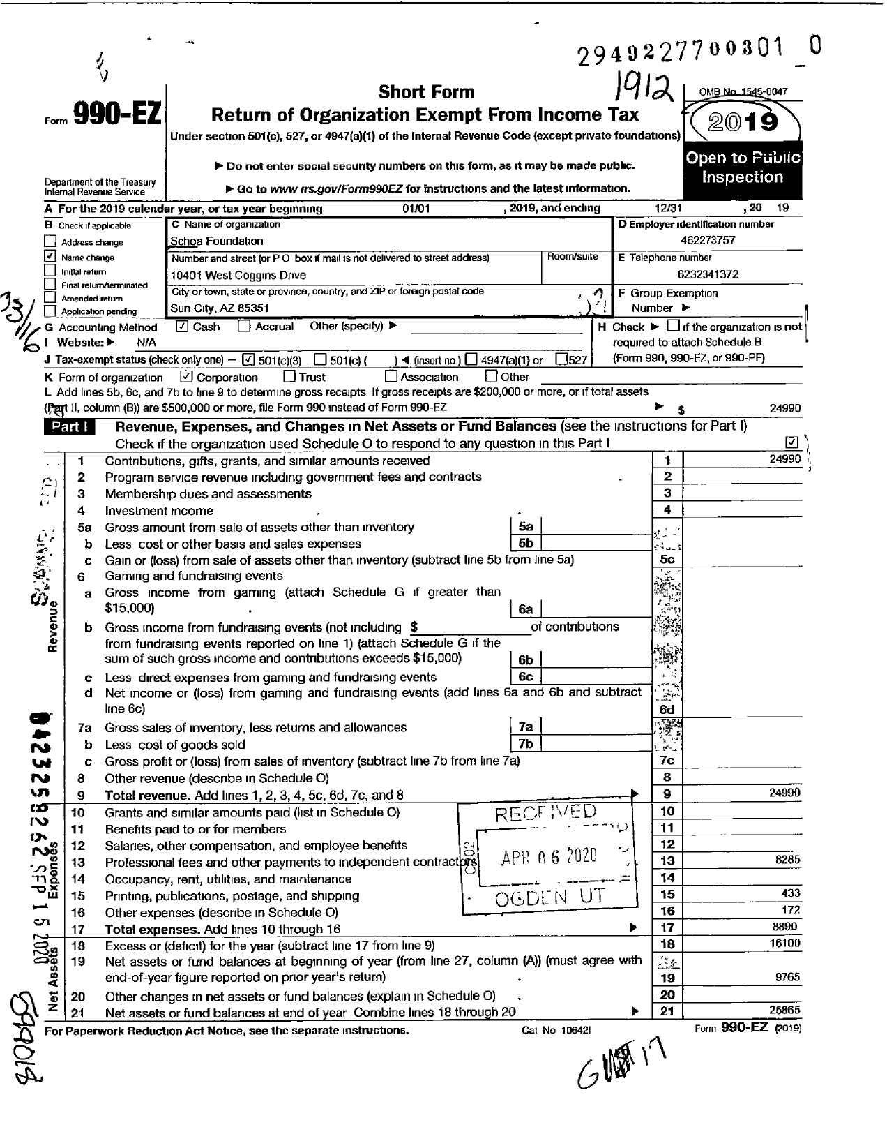 Image of first page of 2019 Form 990EZ for Schoa Foundation