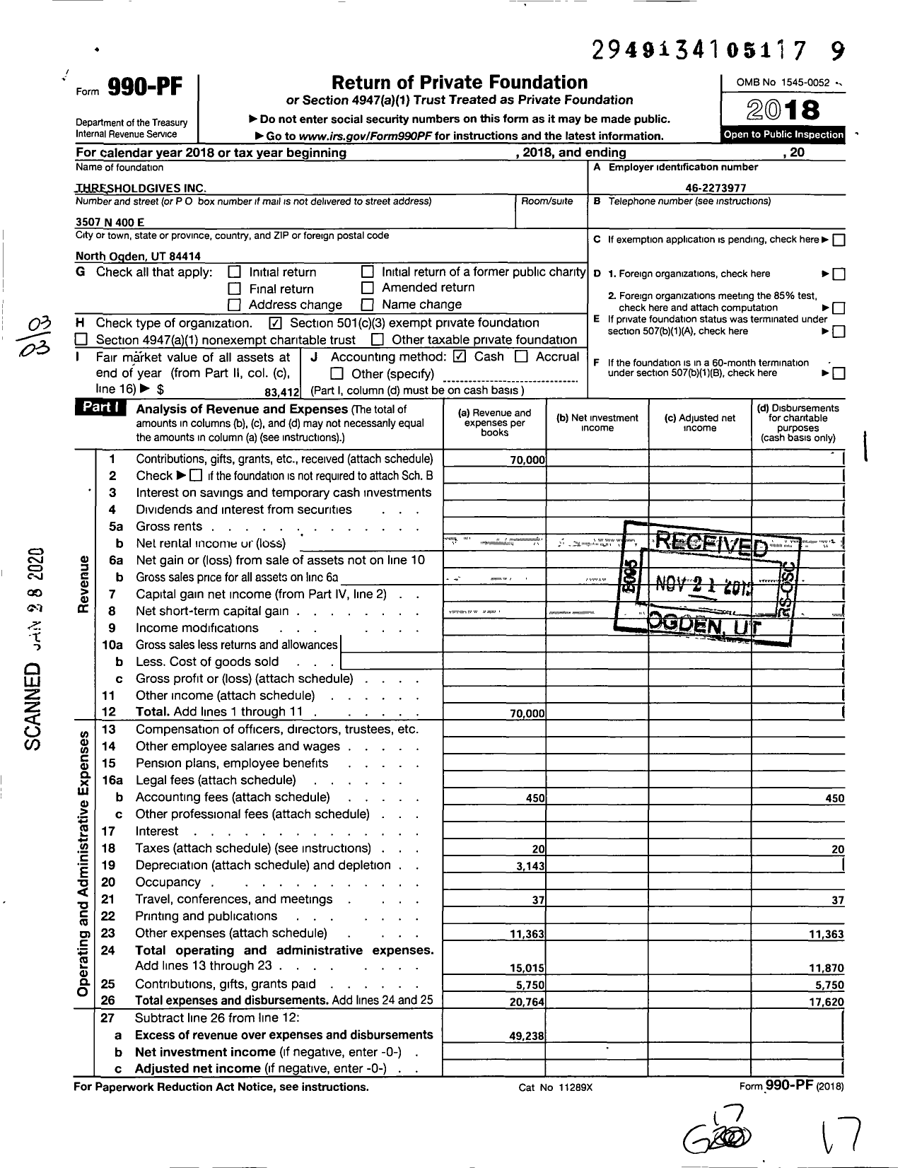 Image of first page of 2018 Form 990PF for Thresholdgives