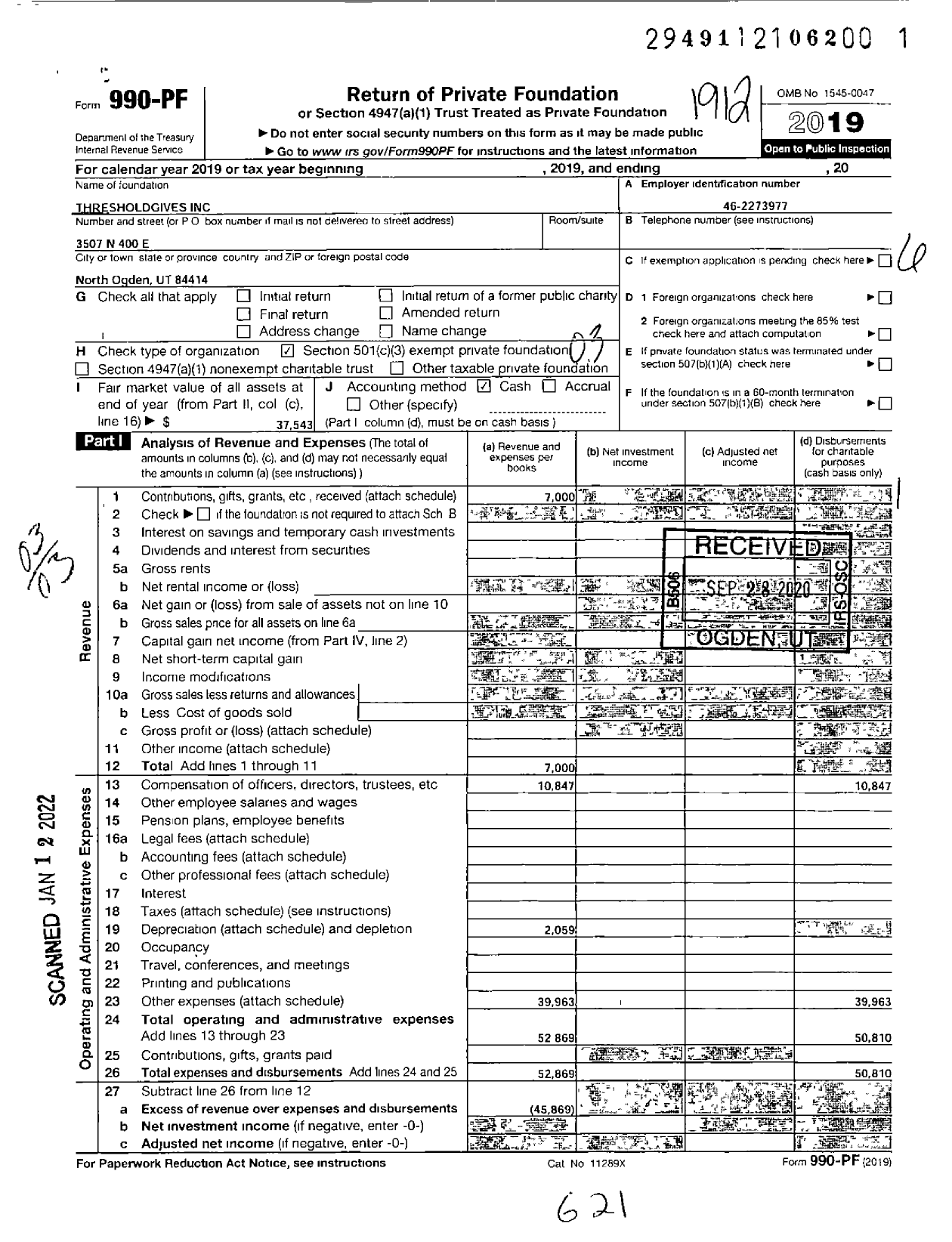 Image of first page of 2019 Form 990PF for Thresholdgives