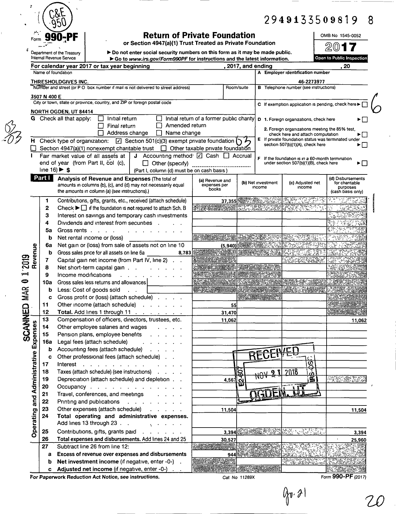 Image of first page of 2017 Form 990PF for Thresholdgives