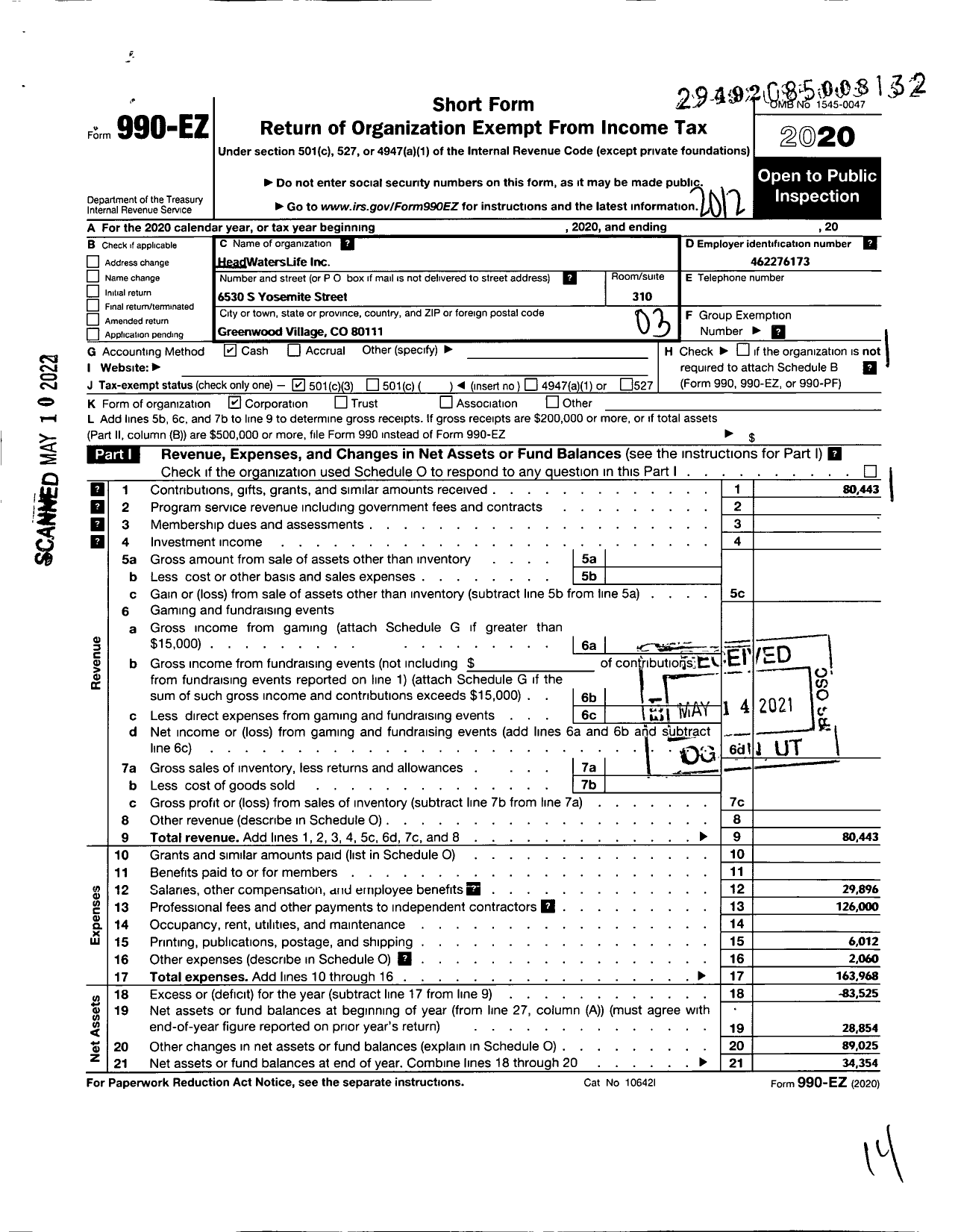 Image of first page of 2020 Form 990EZ for Headwaterslife Life