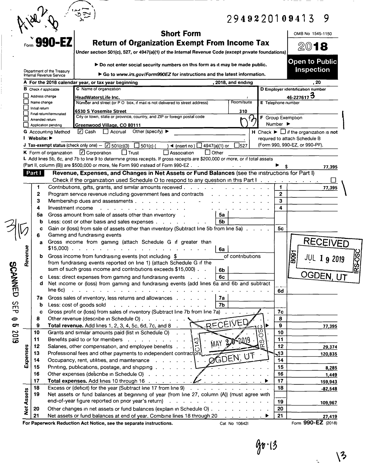 Image of first page of 2018 Form 990EZ for Headwaterslife Life