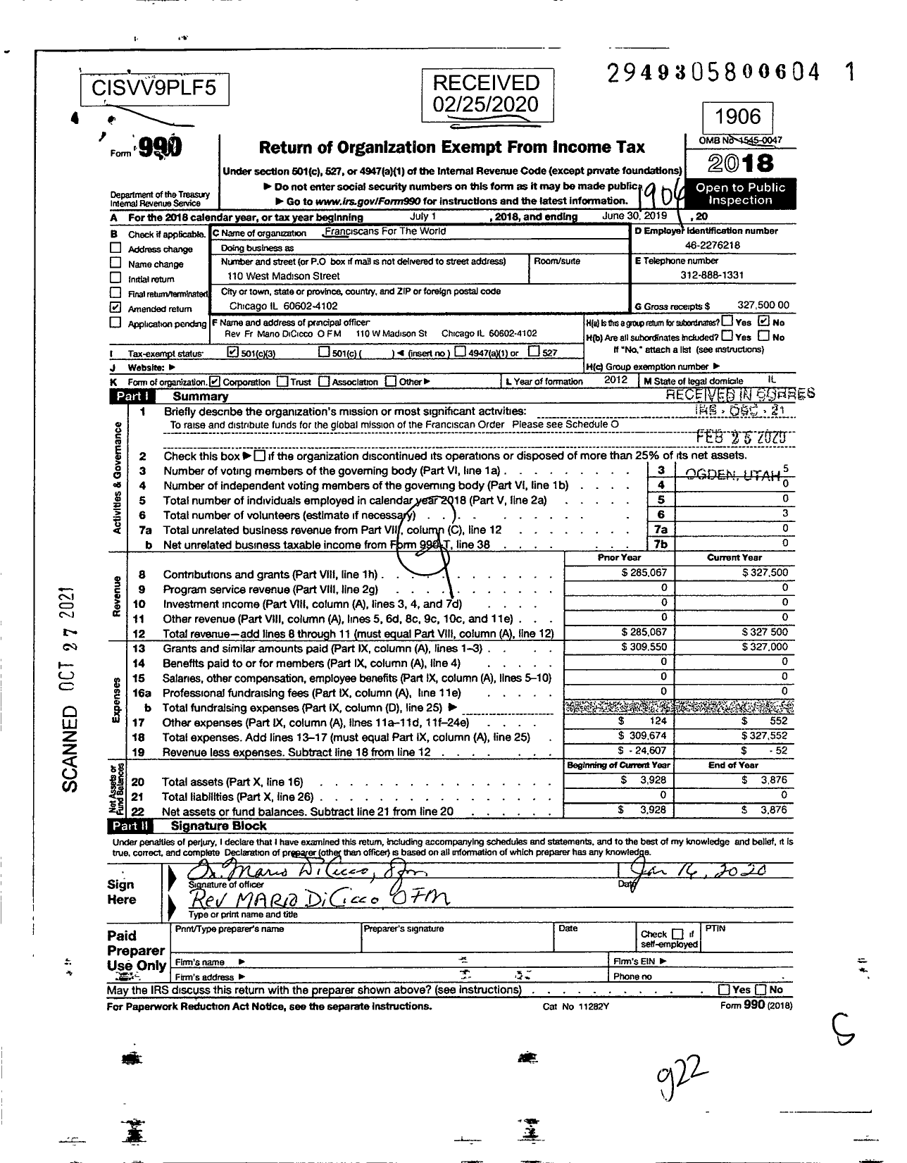 Image of first page of 2018 Form 990 for Franciscans for the World