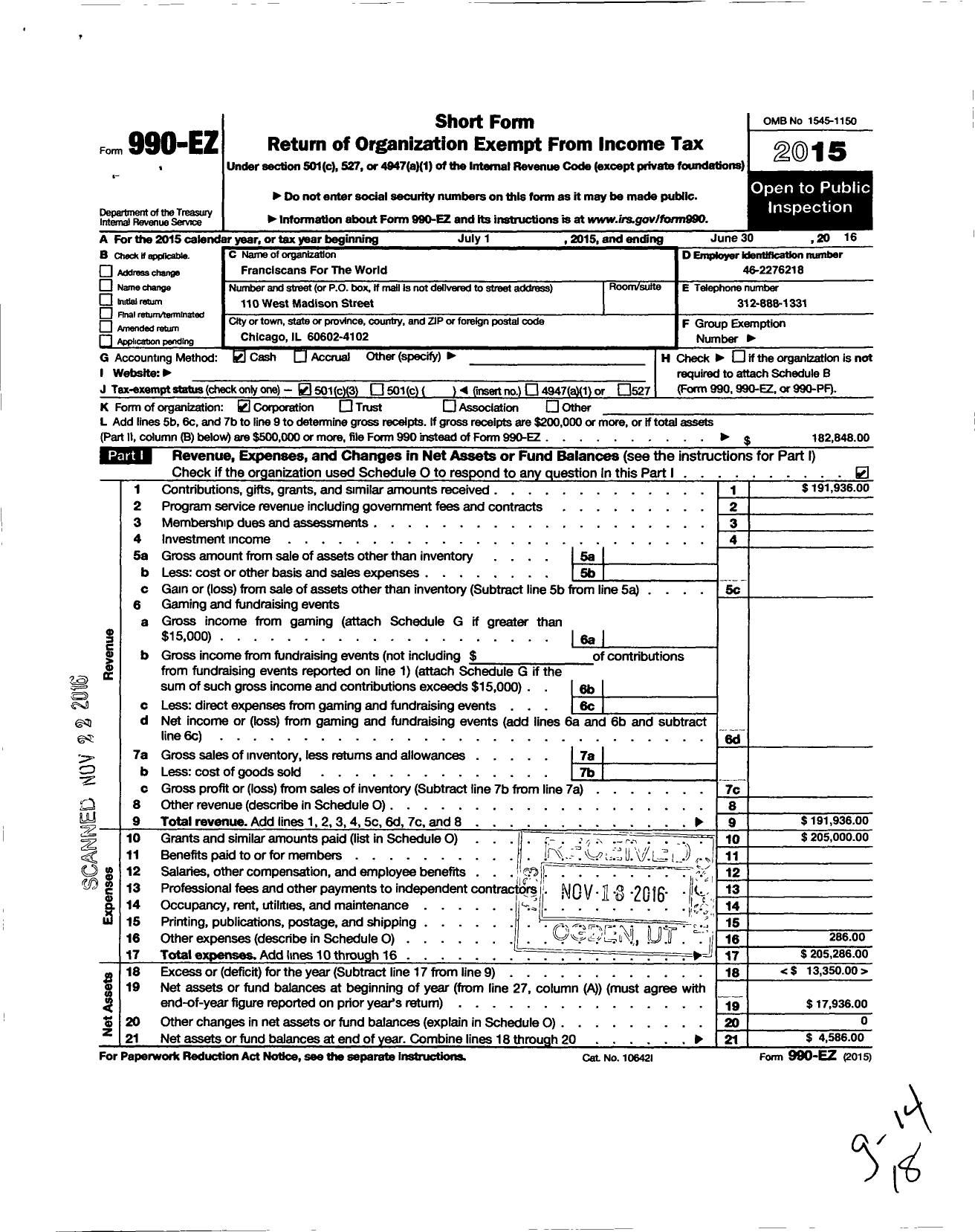 Image of first page of 2015 Form 990EZ for Franciscans for the World