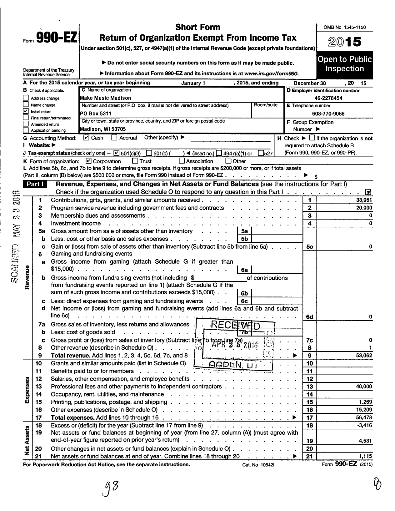 Image of first page of 2015 Form 990EZ for Make Music Madison