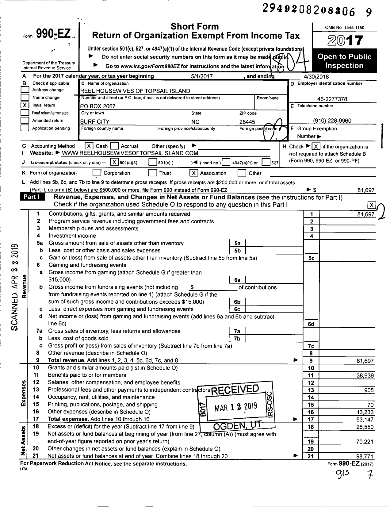 Image of first page of 2017 Form 990EZ for Reel Housewives of Topsail Island