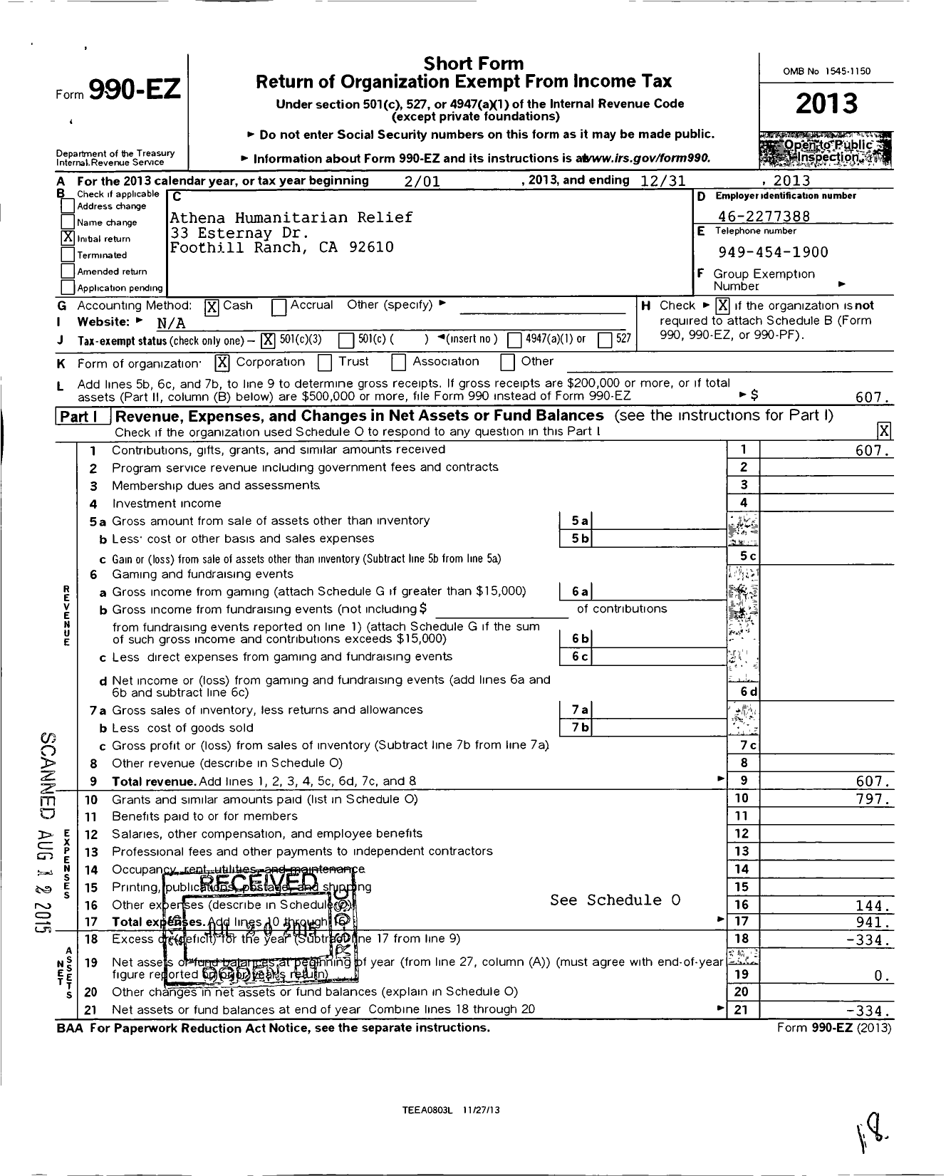 Image of first page of 2013 Form 990EZ for Athena Humanitarian Relief