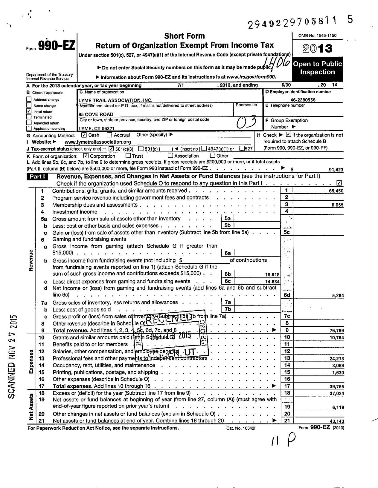 Image of first page of 2013 Form 990EZ for Lyme Trail Association