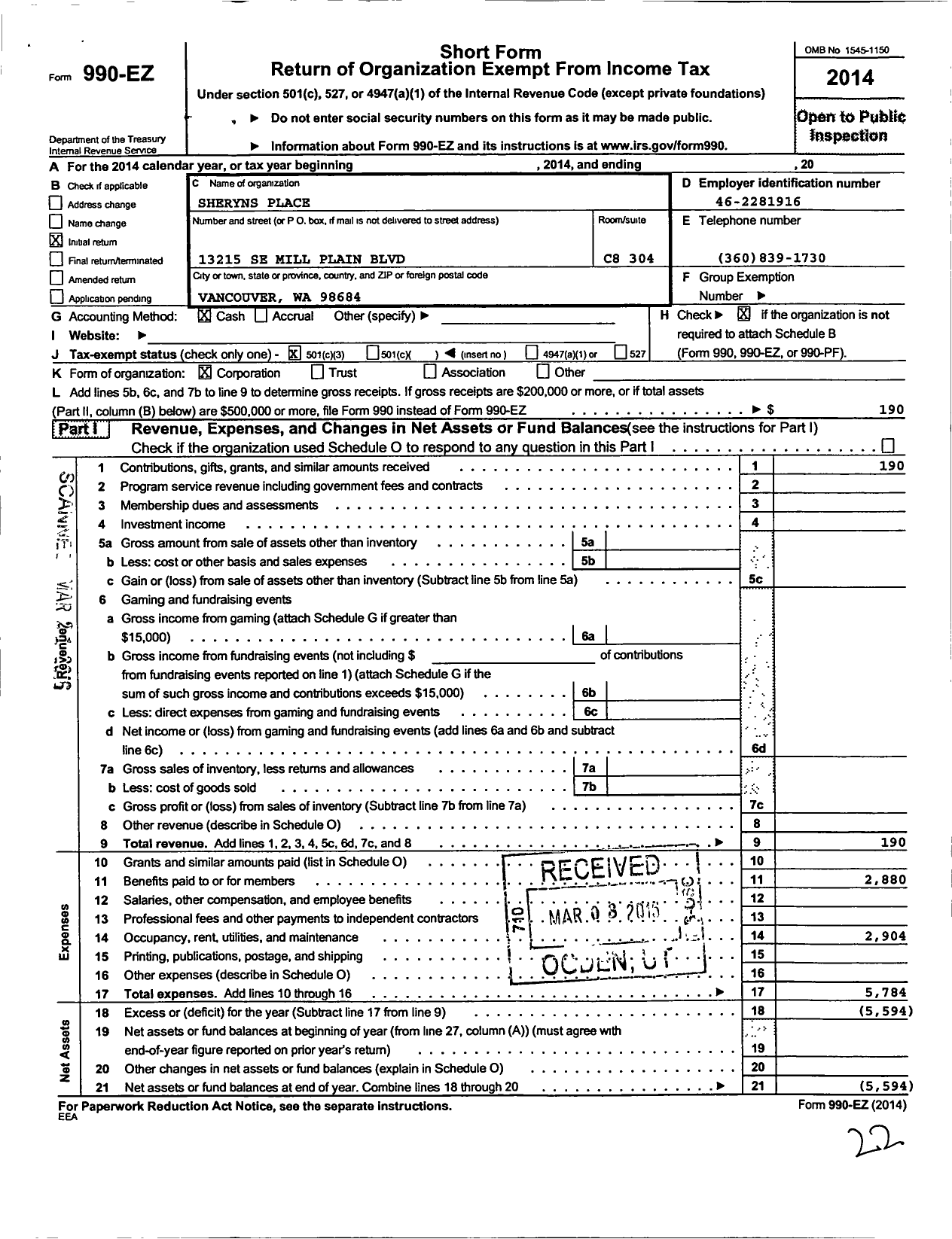 Image of first page of 2014 Form 990EZ for Sheryns Place Sheryns Place