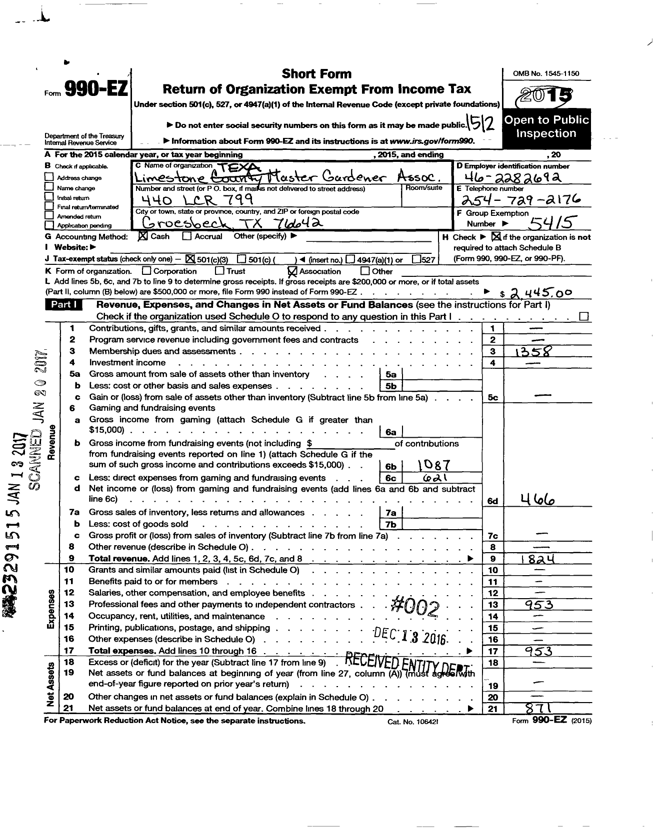 Image of first page of 2015 Form 990EZ for Texas Master Gardener Association / Limestone County Master Gardener