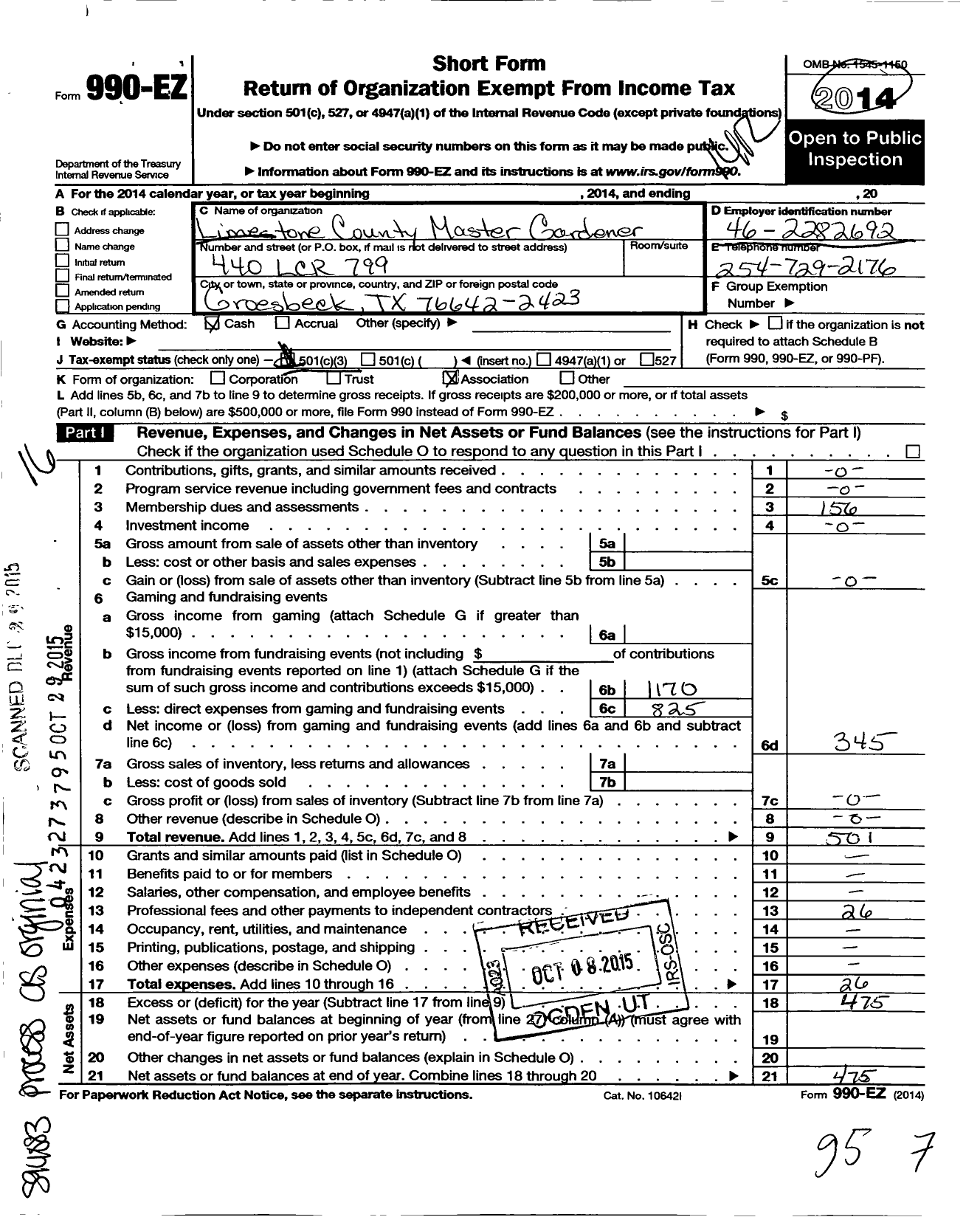 Image of first page of 2014 Form 990EZ for Texas Master Gardener Association / Limestone County Master Gardener