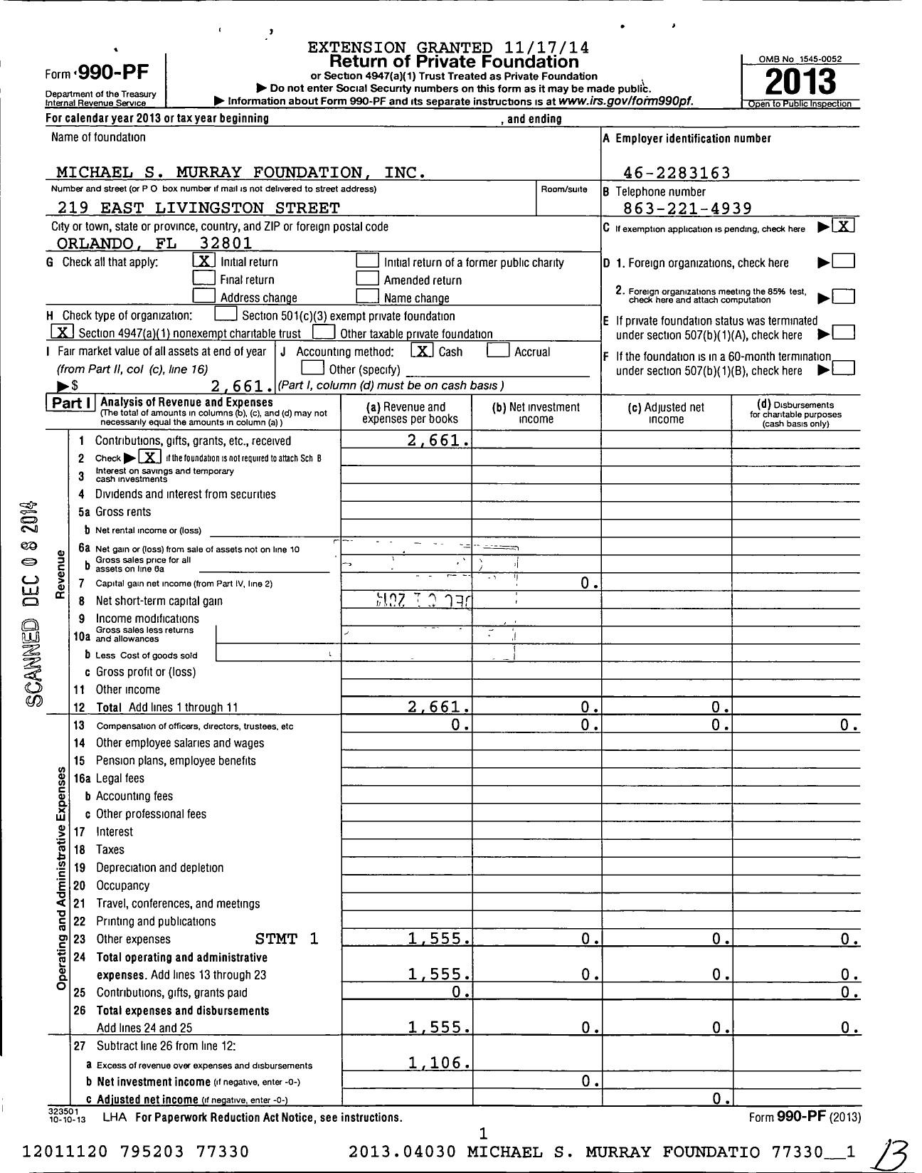 Image of first page of 2013 Form 990PF for Michael S Murray Foundation