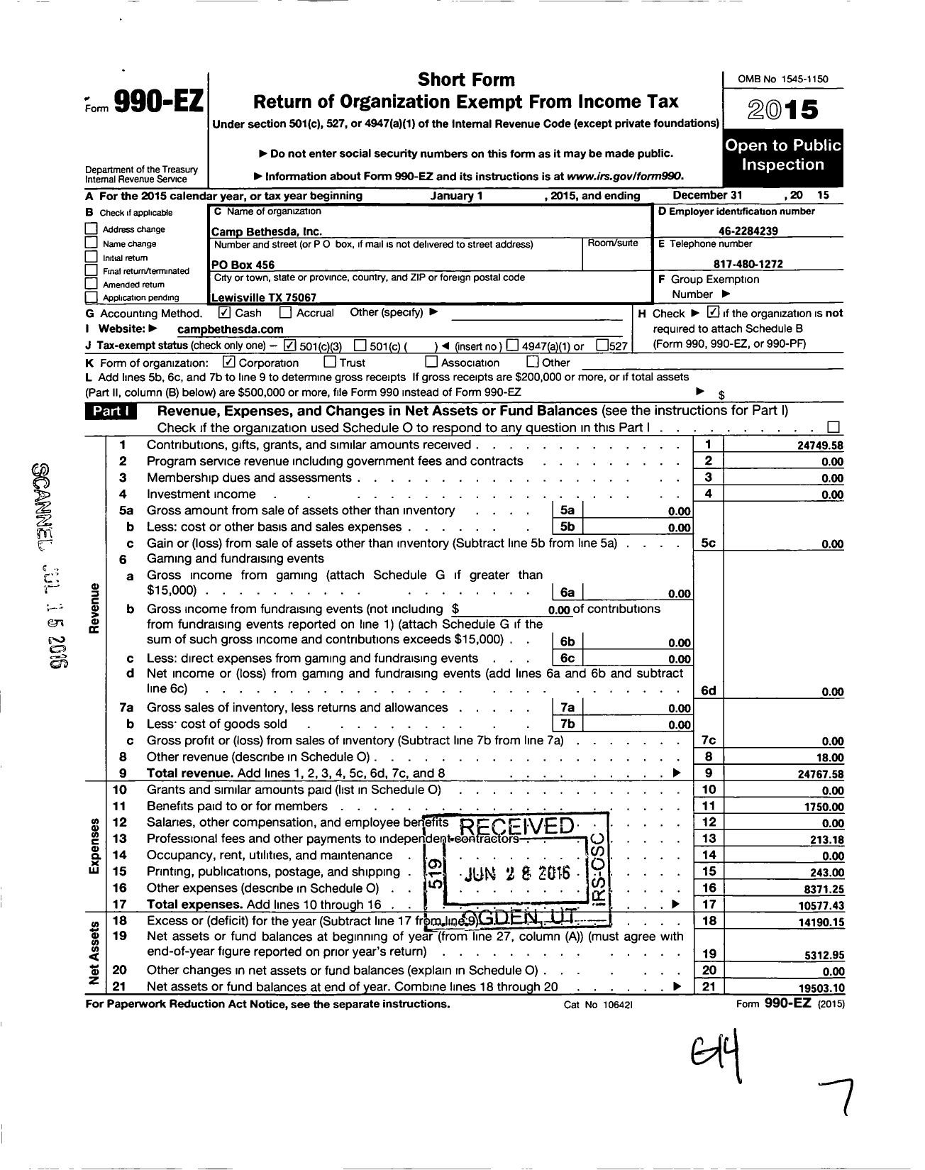 Image of first page of 2015 Form 990EZ for Camp Bethesda