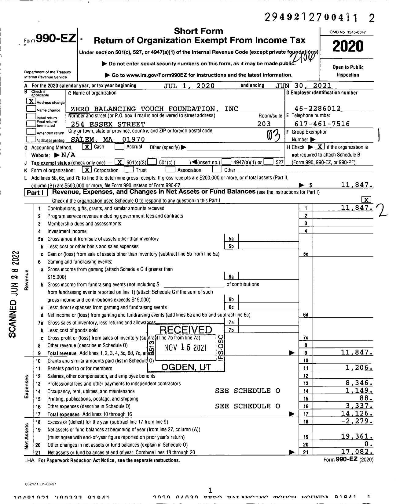 Image of first page of 2020 Form 990EZ for Zero Balancing Touch Foundation